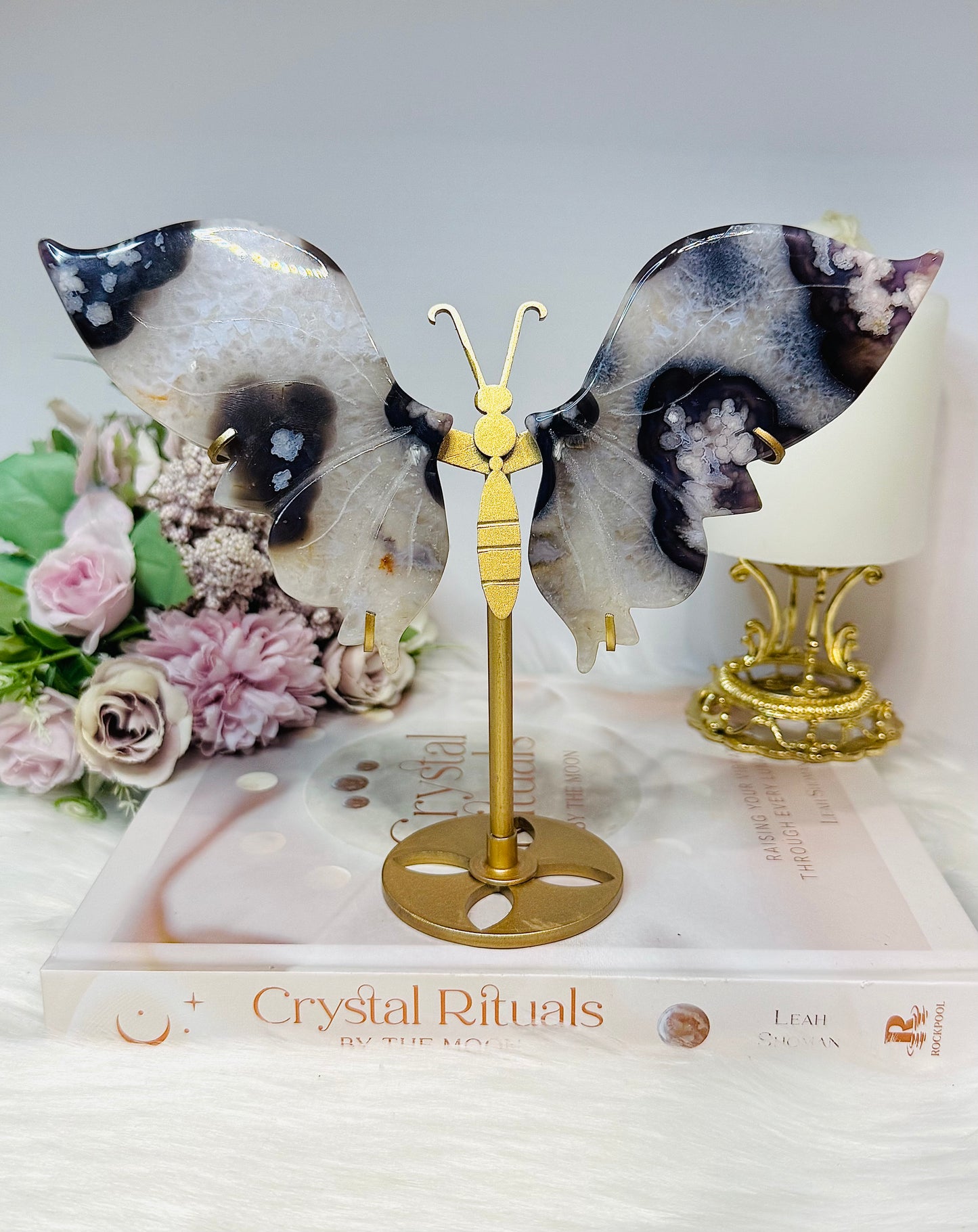 Black Flower Agate Butterfly Wings on Stand 15cm