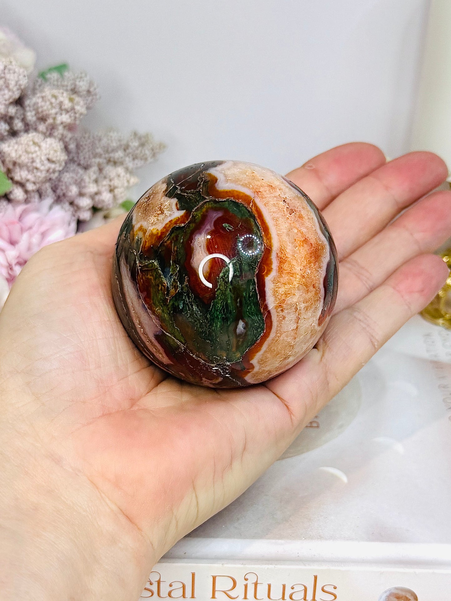 Red Moss Agate Sphere On Stand 331g