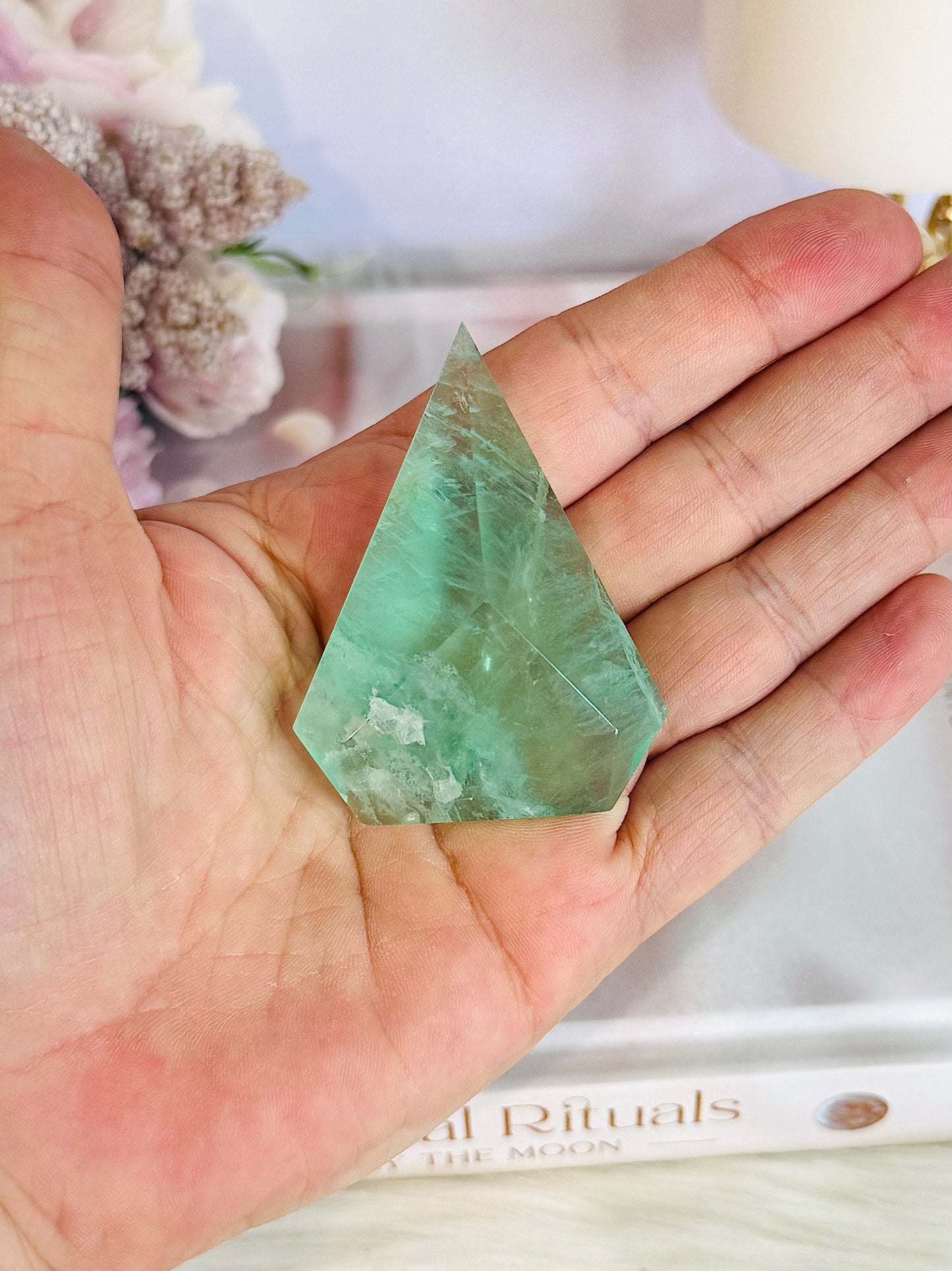 Natural Green Fluorite Faceted Carved Flame 6.5cm