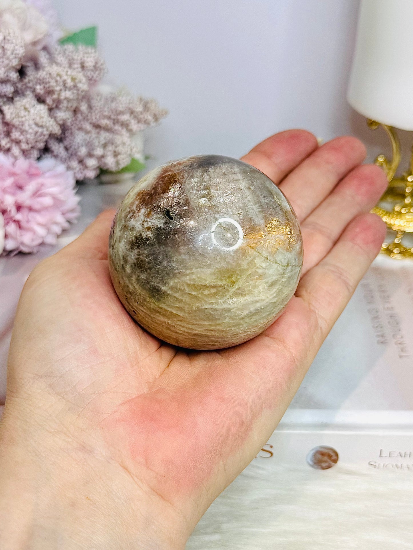 Moonstone Sphere with Blue Flash on Stand 274g