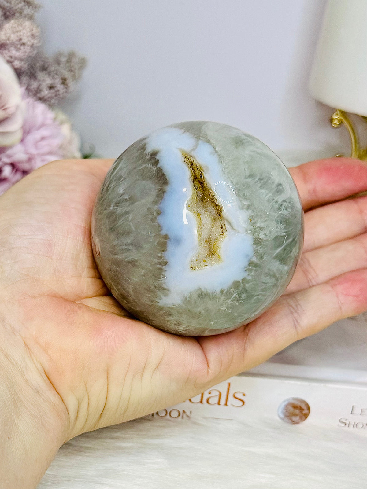 Large Green Flower Agate Sphere On Stand 369g