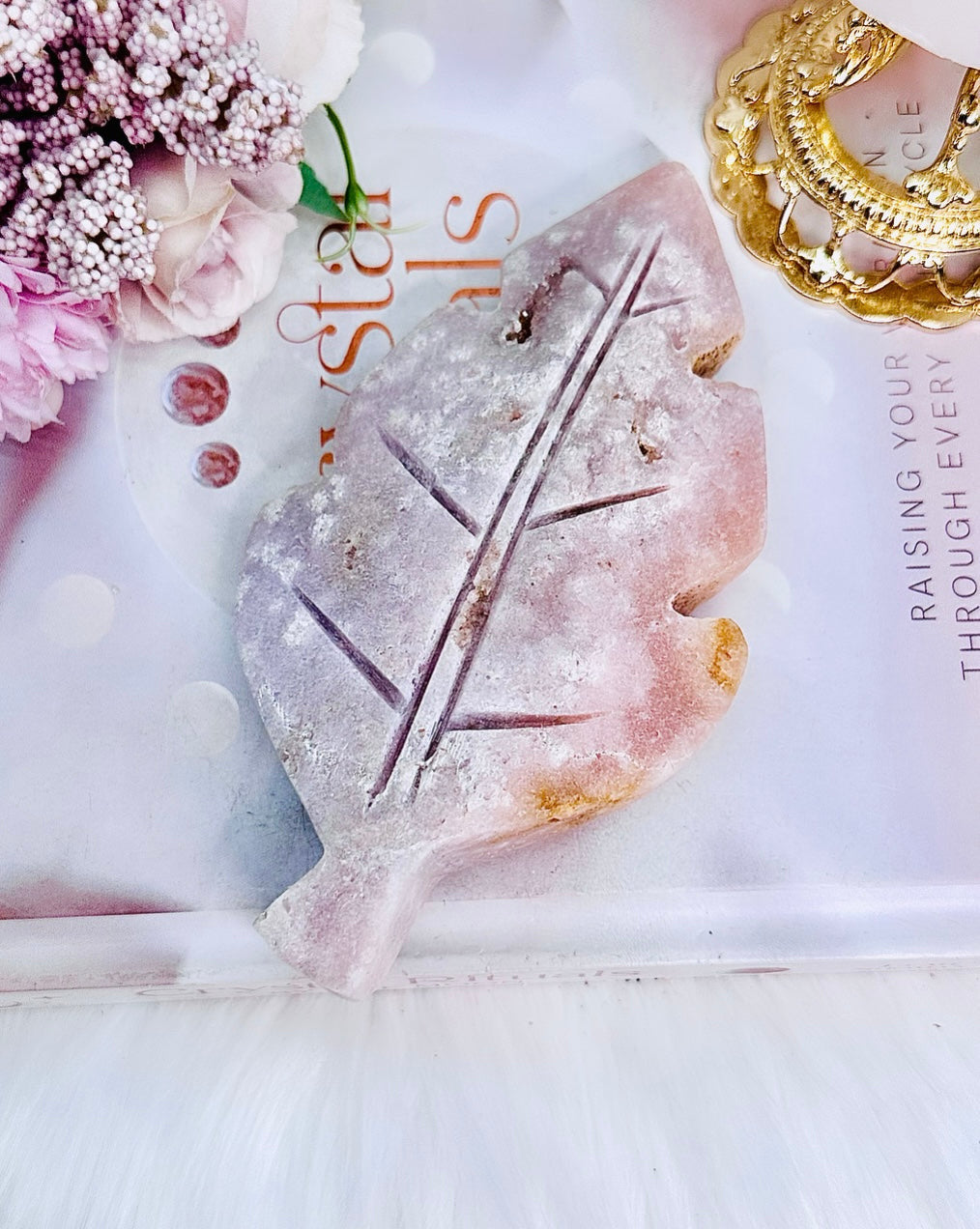 Pink Amethyst Druzy Carved Chunky Leaf From Brazil 15cm