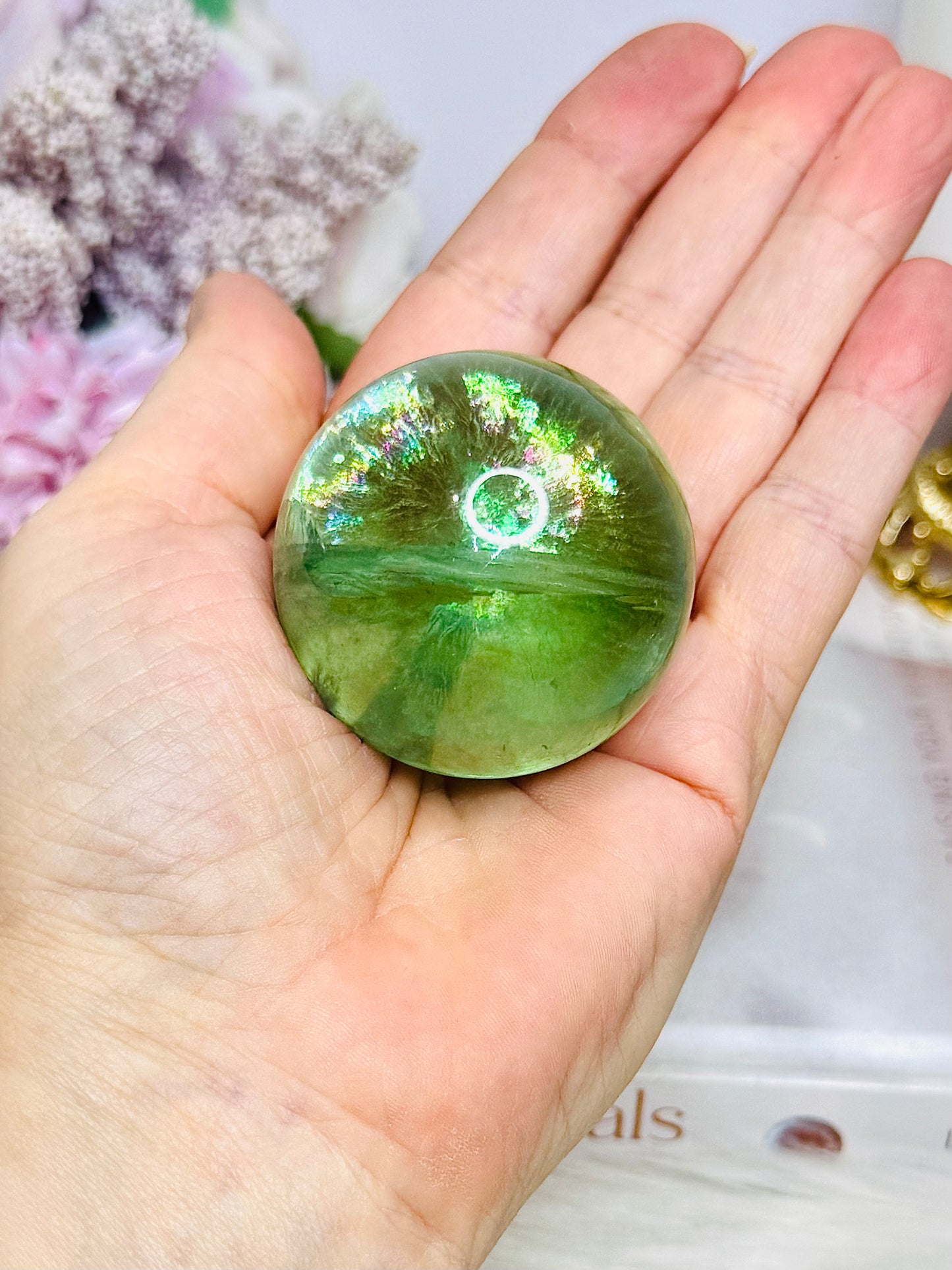 FOR SUE ~ High Grade Fluorite Sphere Full of Incredible Rainbows 161g On Stand