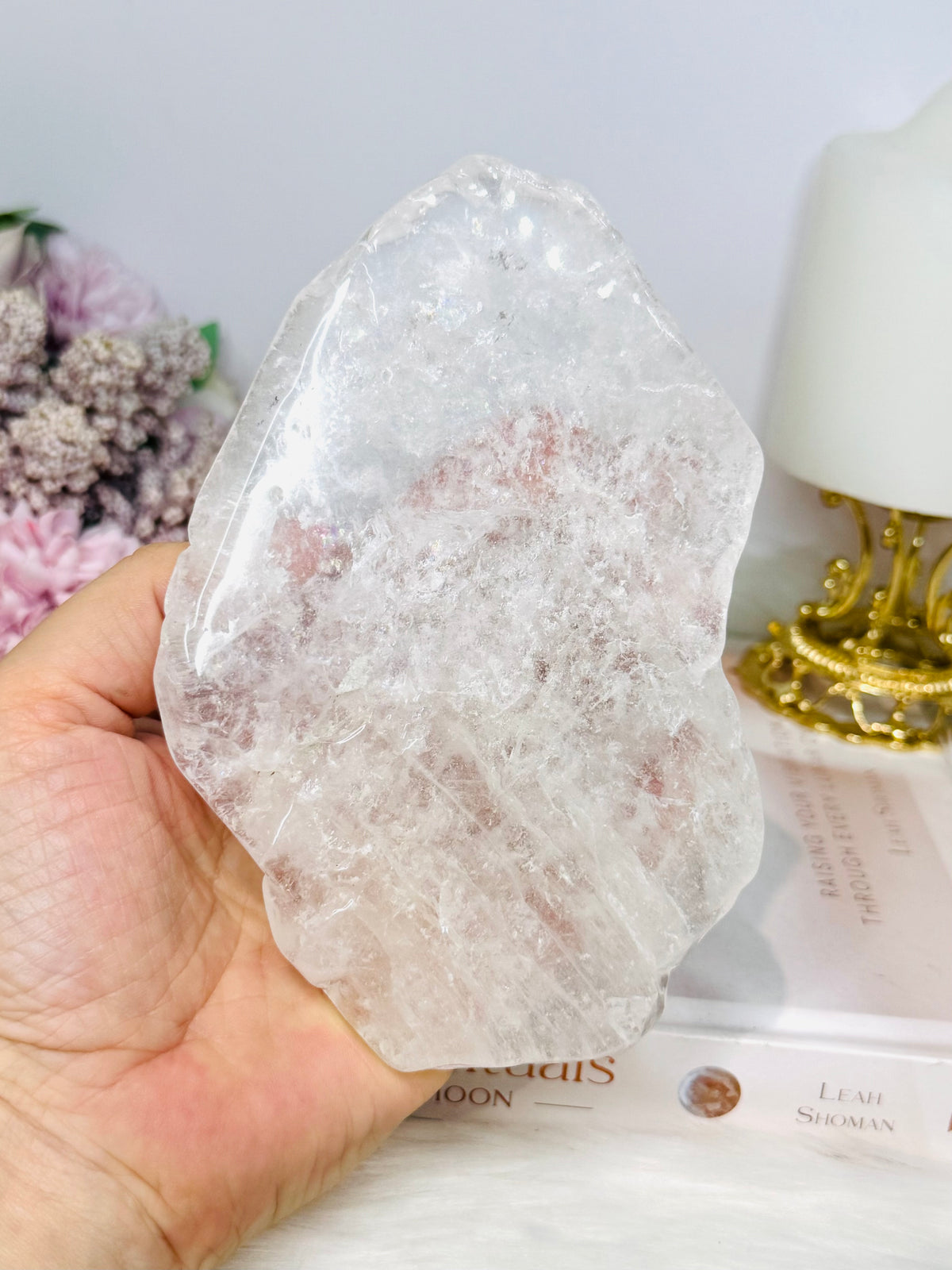 Large Clear Quartz Slab with Rainbows On Stand 14.5cm 358g