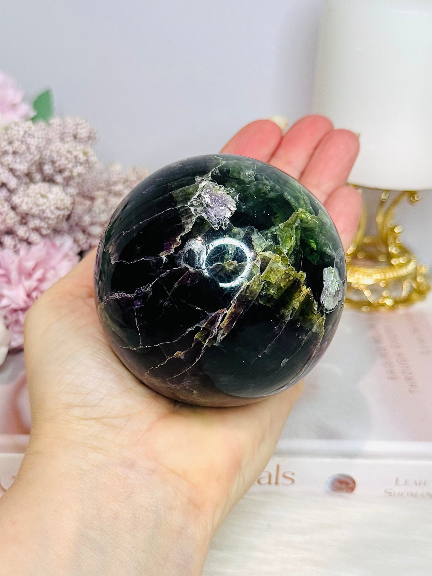 Large Fluorite Sphere with Rainbows 728g On Stand