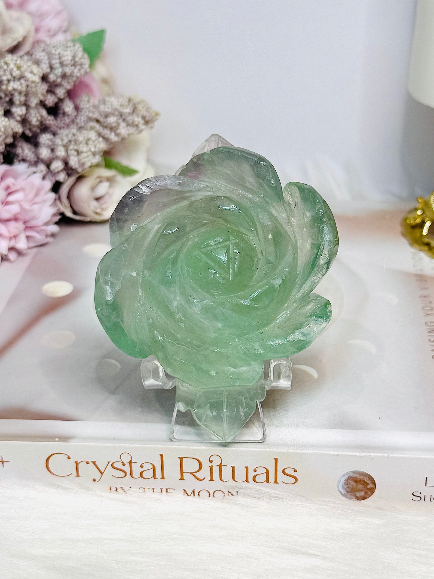 Watermelon Fluorite Carved Flower | Rose On Stand 10cm 250g