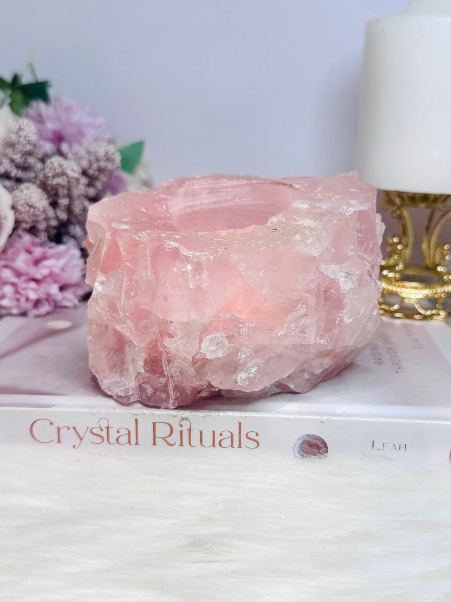 Large Chunky Rose Quartz Candle Holder 892g