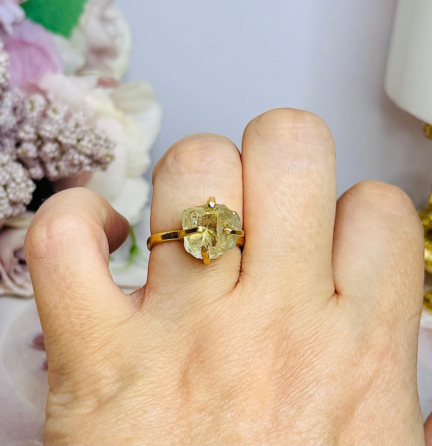 Prasiolite | Green Amethyst Gold Plated Adjustable Ring In Gift Bag