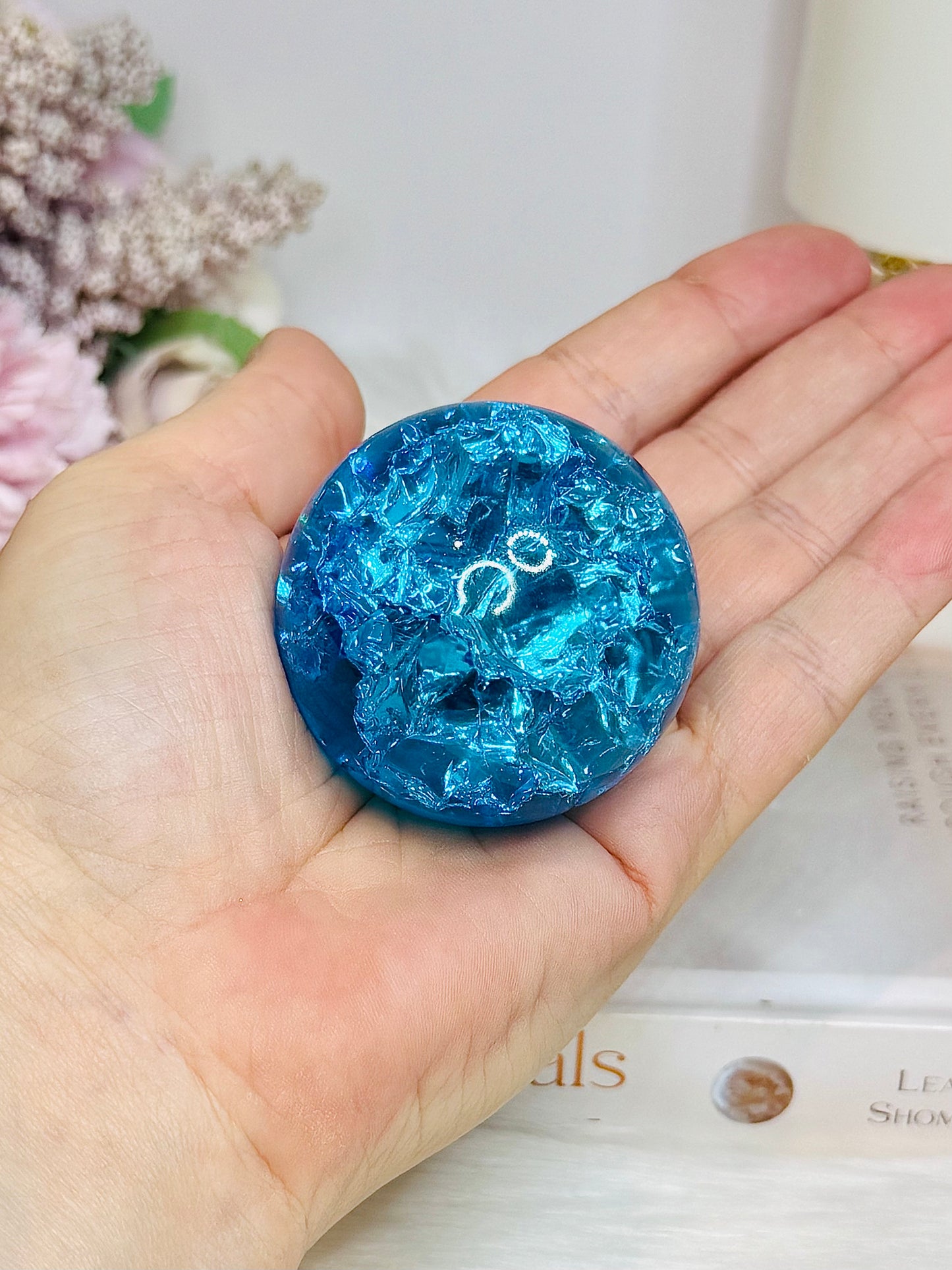Blue Fire & Ice Crackle Quartz Sphere (dyed) On Stand 145g