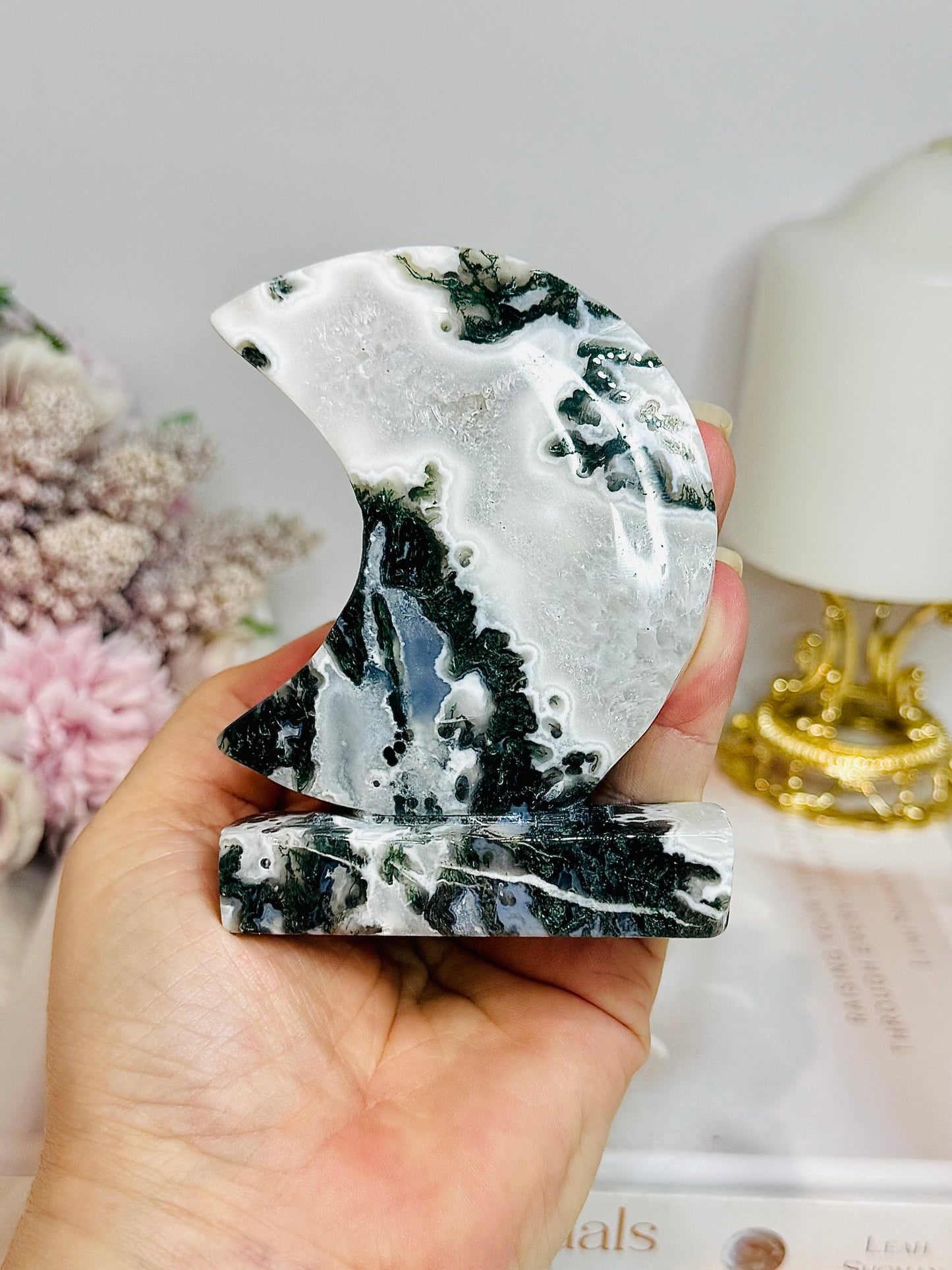 Moss Agate Druzy Moon On Stand 9.5cm 243g