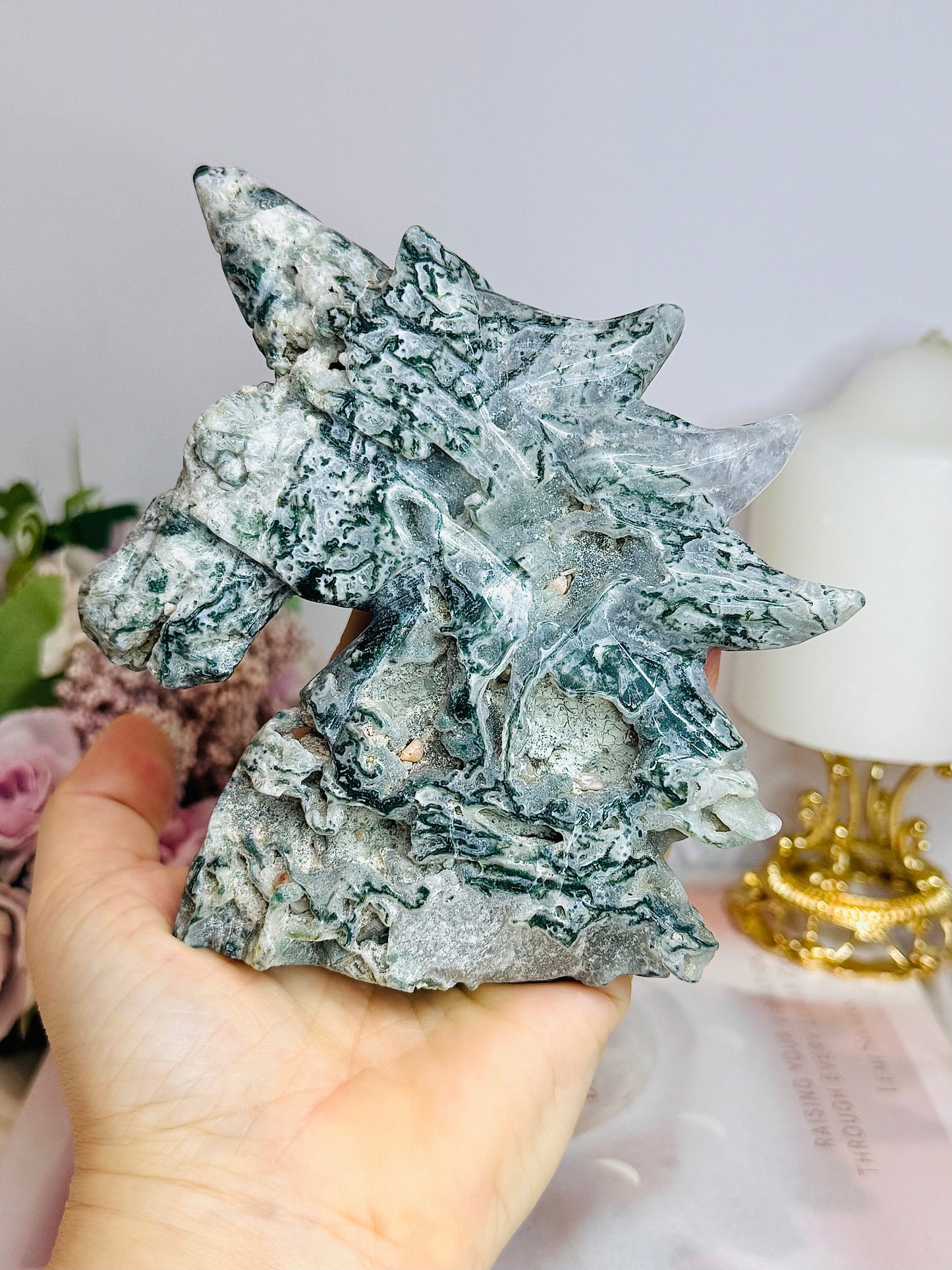 Moss Agate Druzy Unicorn Carving 13cm 420g