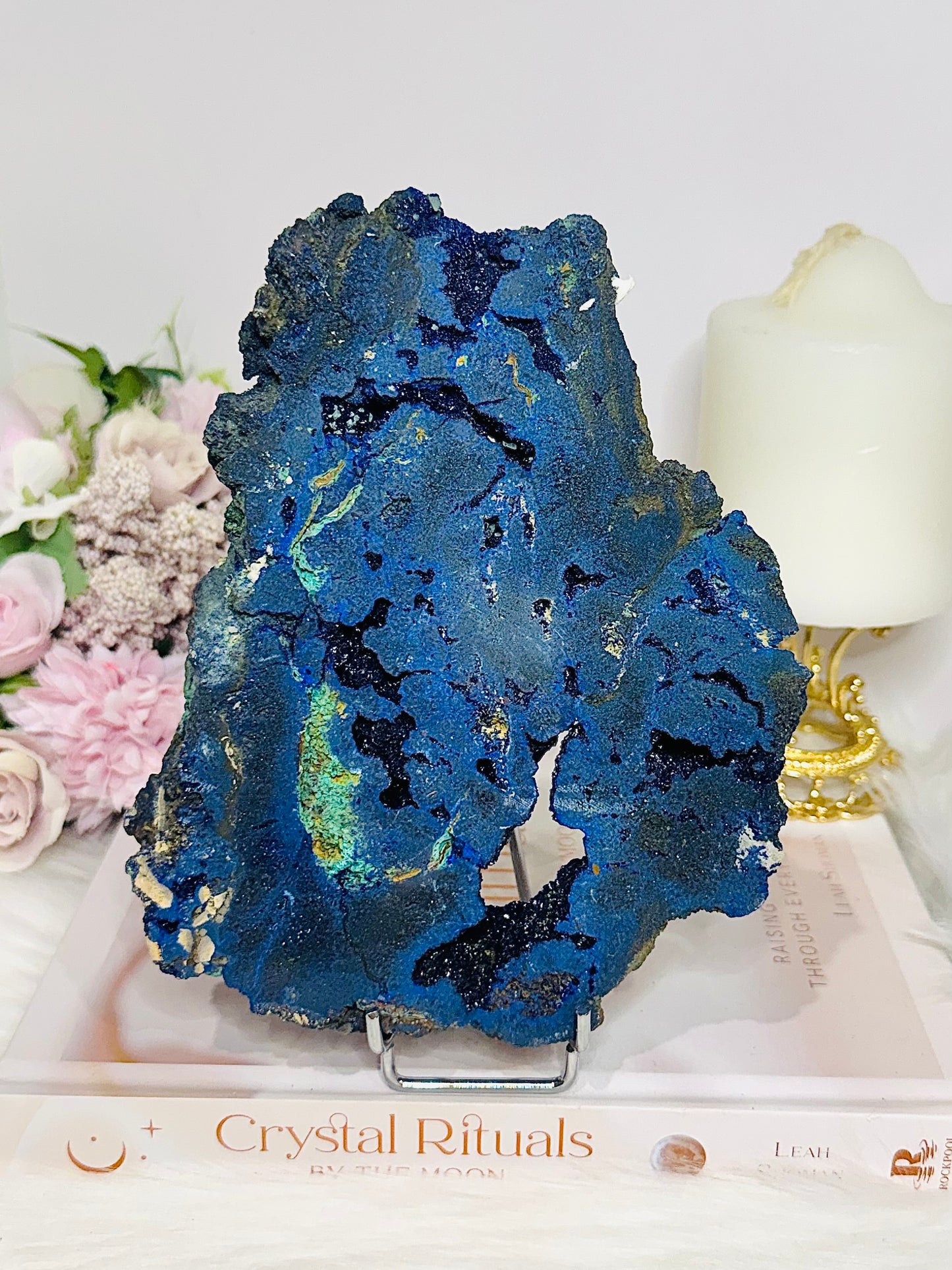 High Grade Azurite Slab with Malachite Inclusions on Stand 693g