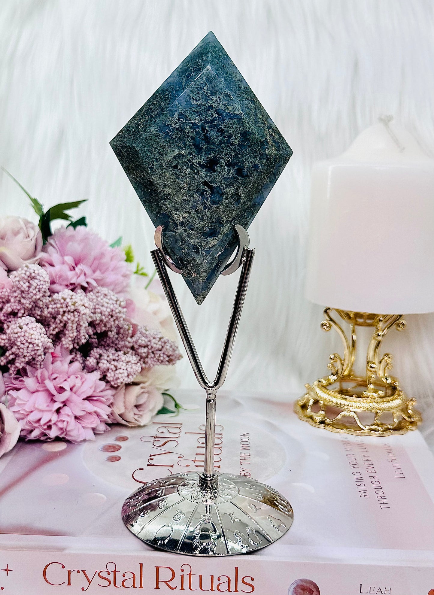 Peace & Tranquility ~ Gorgeous Tall 19cm Moss Agate Carved Diamond on Silver Stand