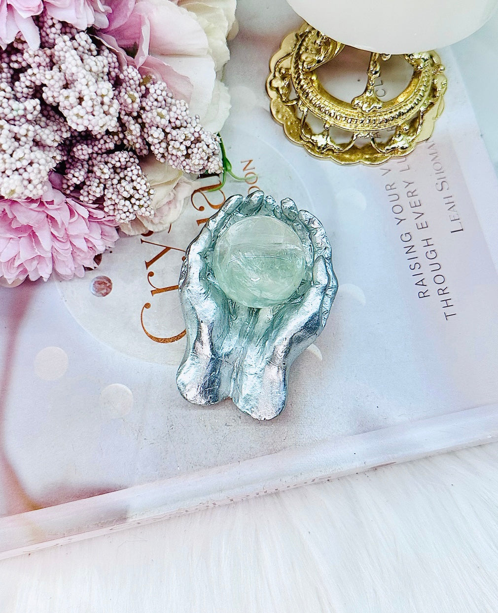 Absolutely Gorgeous Fluorite Sphere with Gorgeous Clarity & Rainbows in Silver Hands Holder 7.5cm