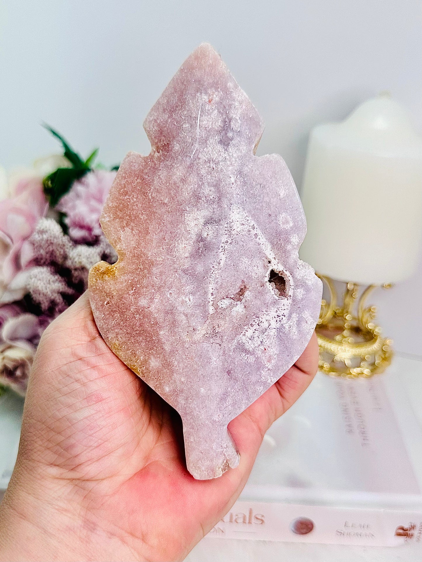 Pink Amethyst Druzy Carved Chunky Leaf From Brazil 15cm
