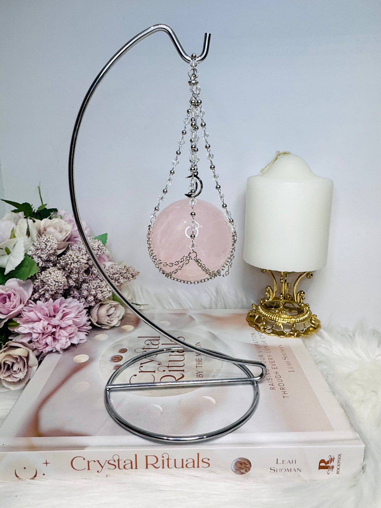 Silver Stand with Rose Quartz Sphere 23cm