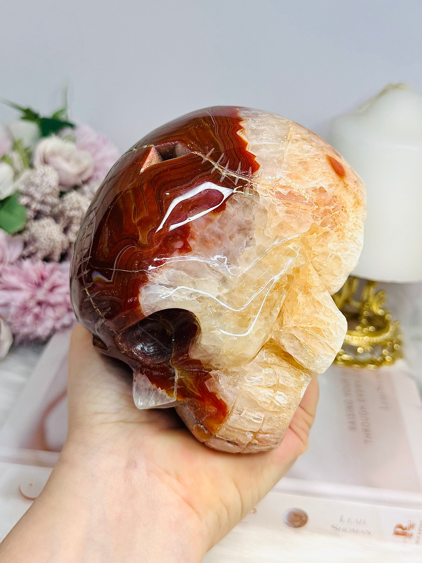 Large Carnelian Carved Skull 1.2KG 12.5cm ~ Discounted as it does not stand straight and needs the stand under the side to keep it up