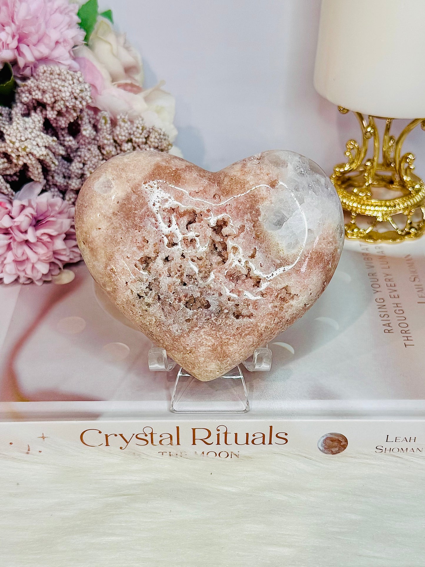 Beautiful Puffy Druzy Pink Amethyst Carved Heart On Stand