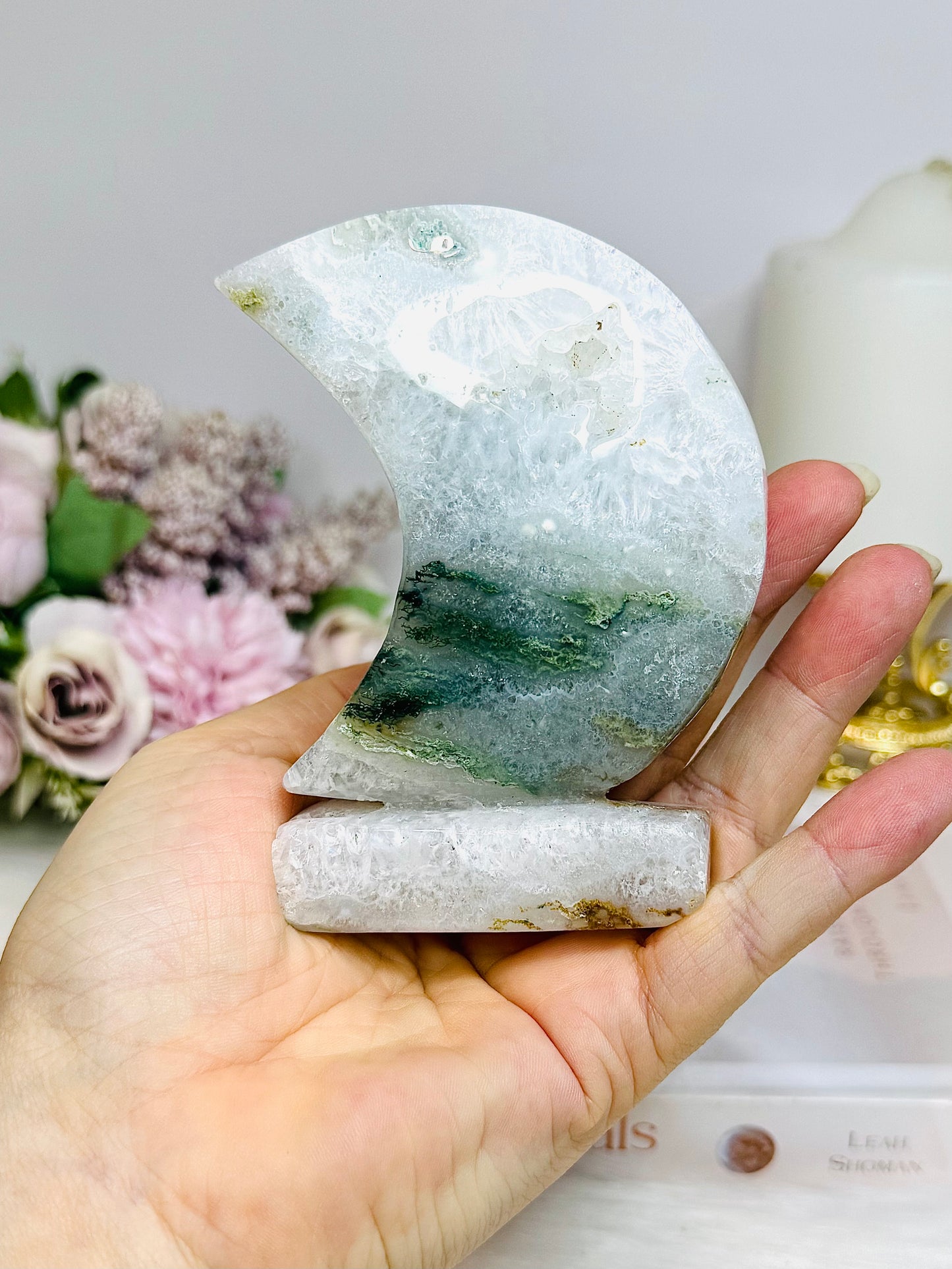 Moss Agate Druzy Moon On Stand 10cm 262g