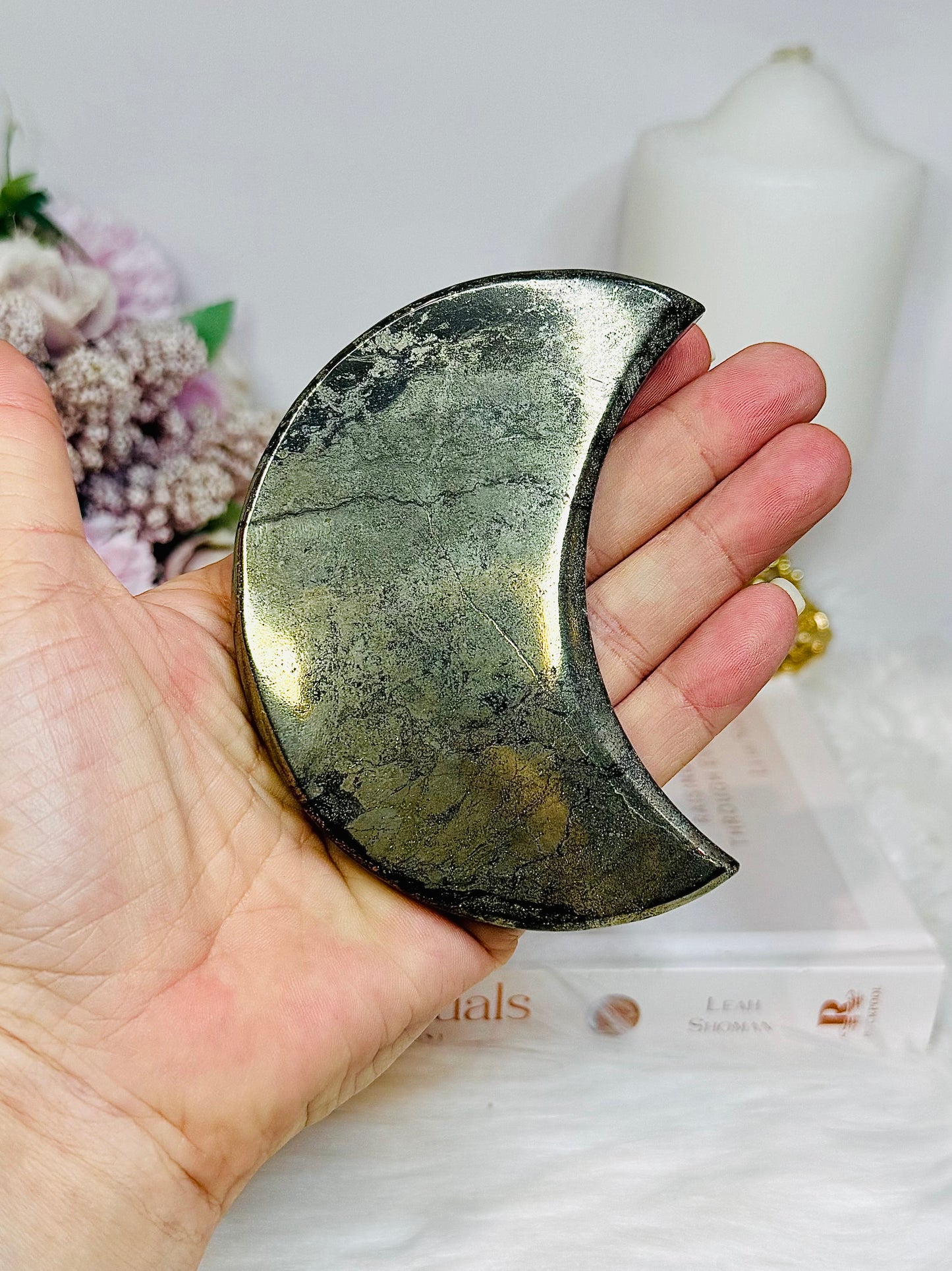 Large Pyrite Carved Moon on Stand 19cm