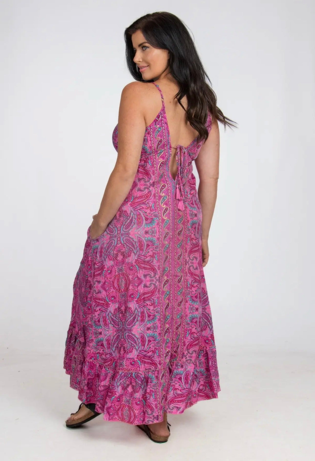 Long Boho Silk Strappy Dress with Pockets One Size