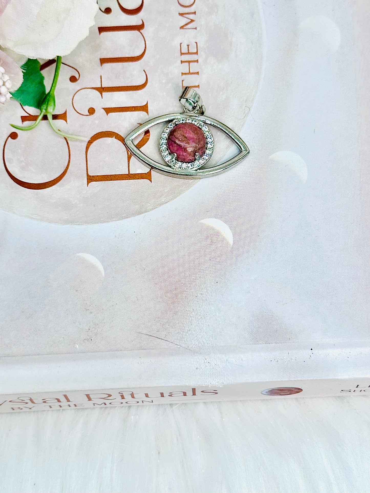 Gorgeous Pink Rhodonite Silver Evil Eye Pendant In Gift Bag