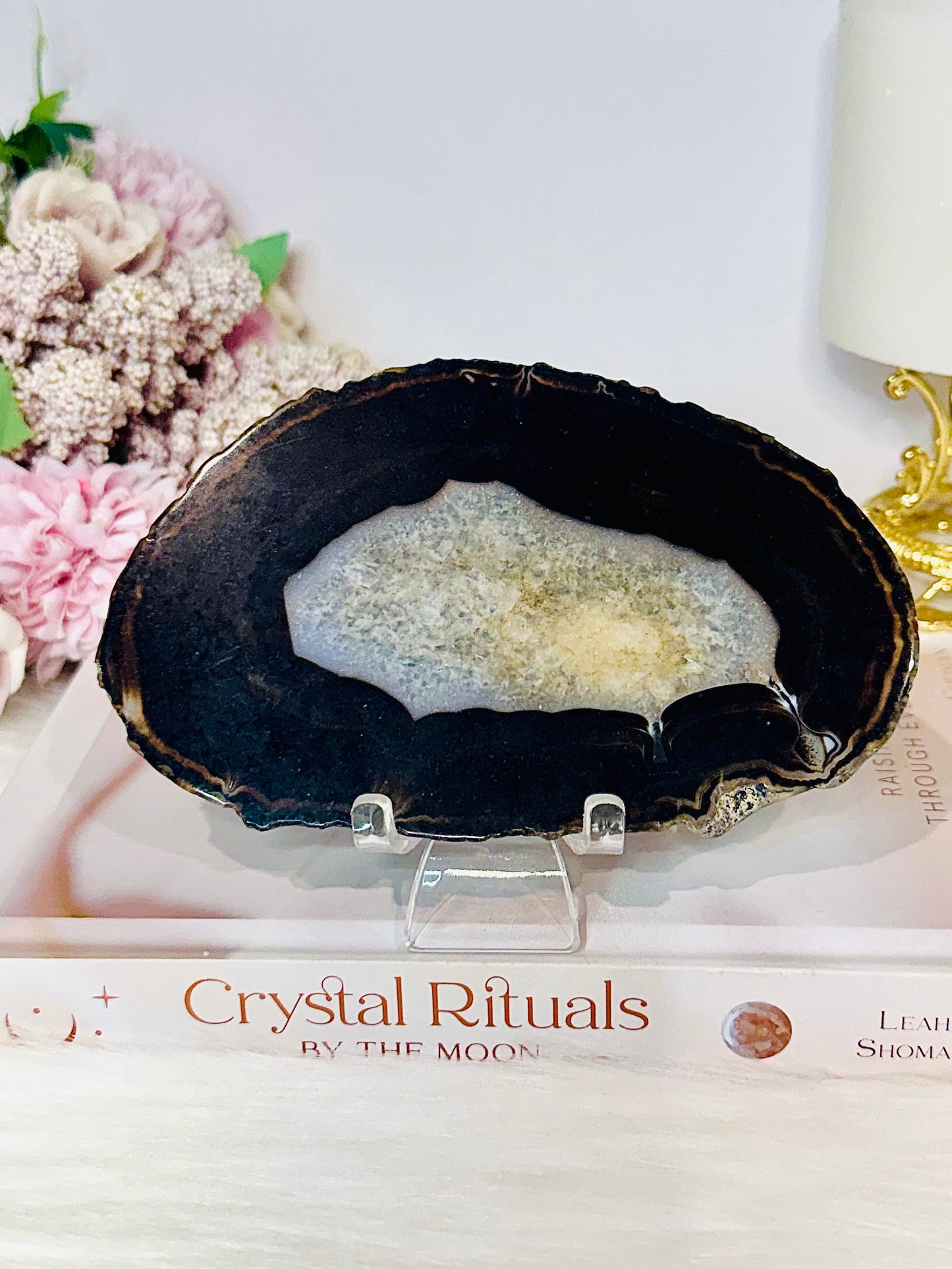 Natural Black Agate Slice On Stand 14cm