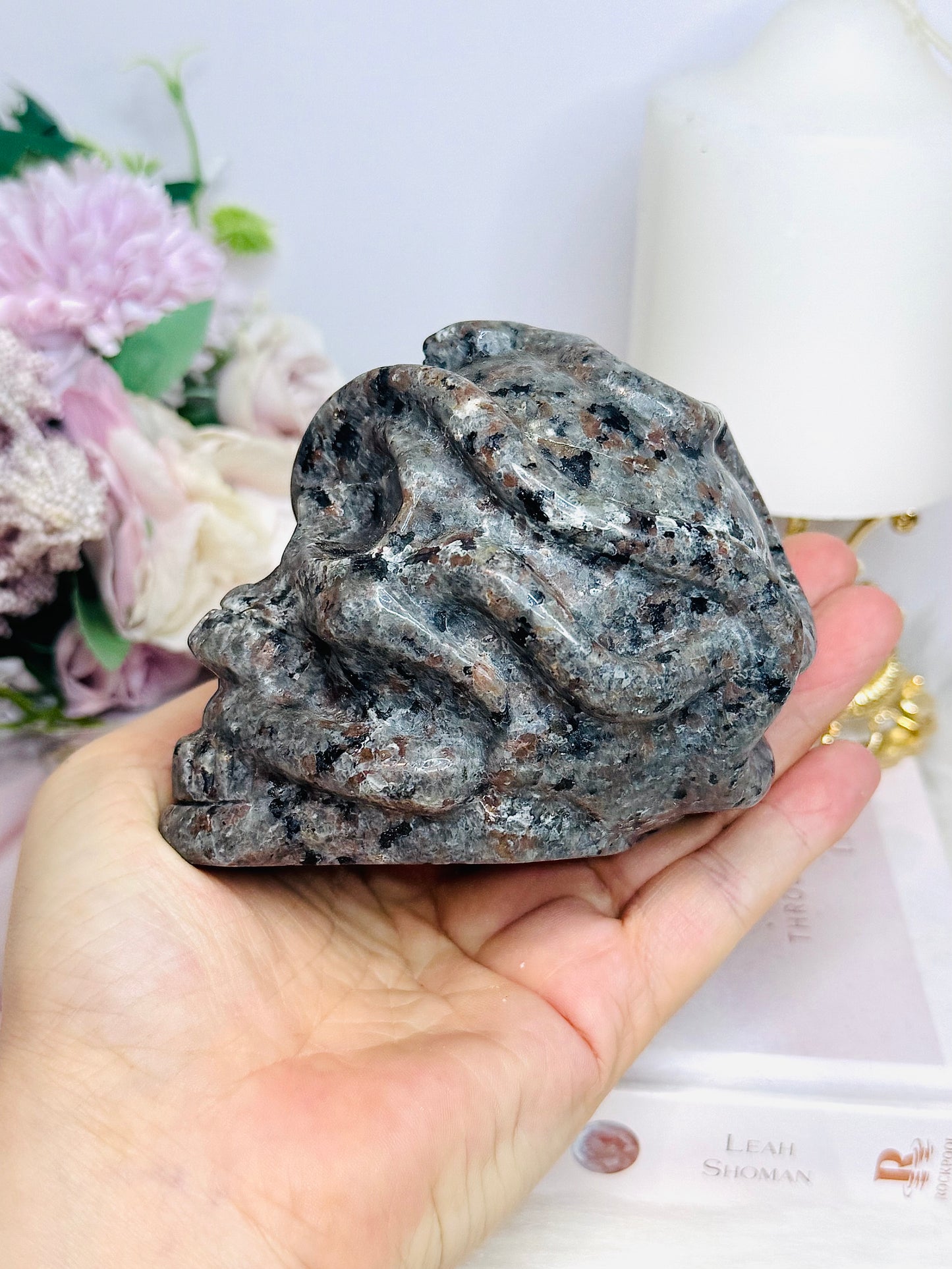 Large Yooperlite Carved Skull with Snake (UV Reactive) 617g