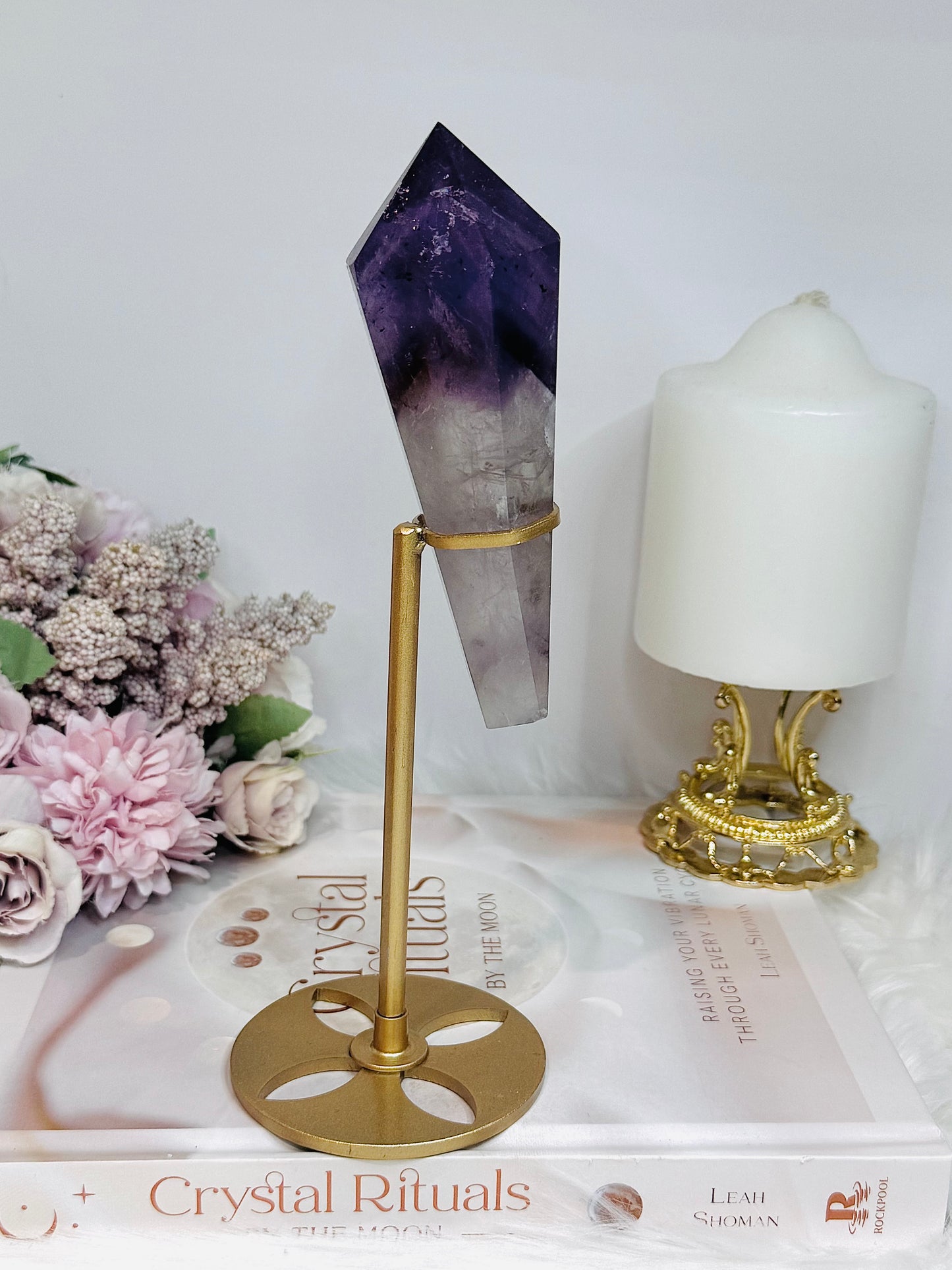High Grade Phantom Amethyst Point | Obelisk on Gold Stand 20cm