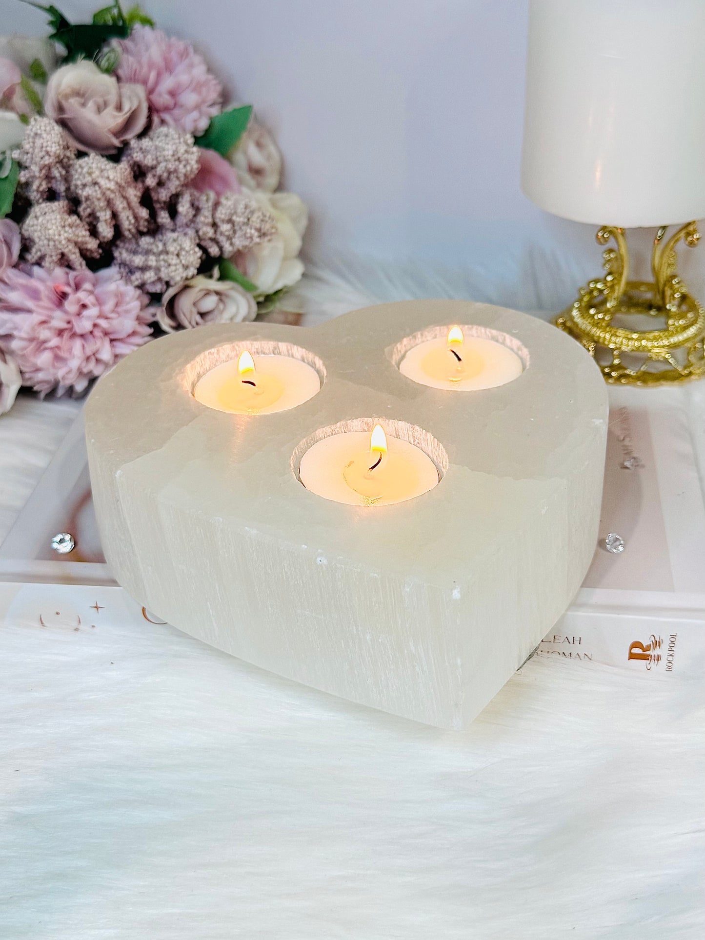 Large Selenite Chunky Triple Candle Heart Holder 1.5KG 15cm