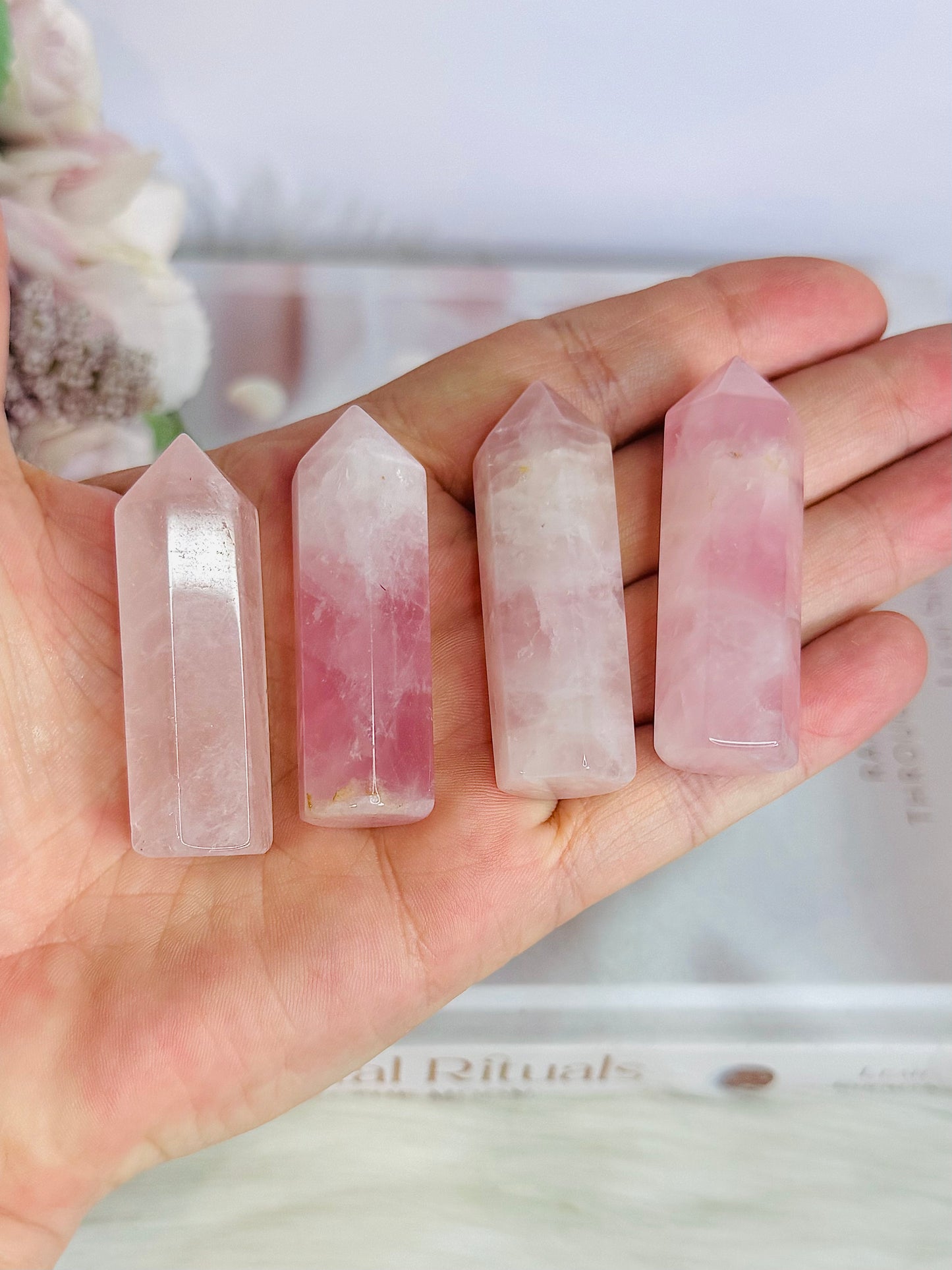 Rose Quartz Set ~ Beautiful 15cm Diamanté Mirror Tray with Chunky Selenite Tower, 4 Rose Quartz Towers & Clear Quartz Chips