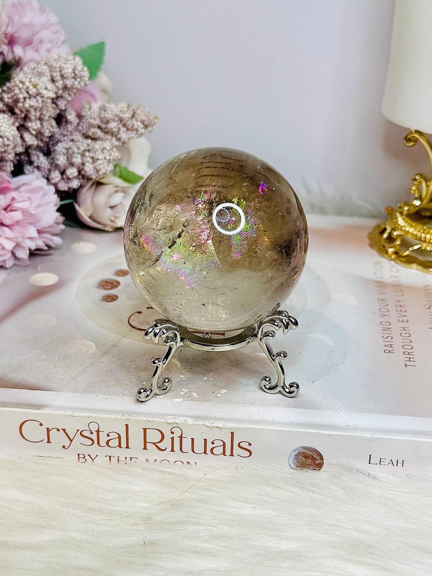 High Grade Smokey Quartz Sphere Full of Rainbows on Stand 307g