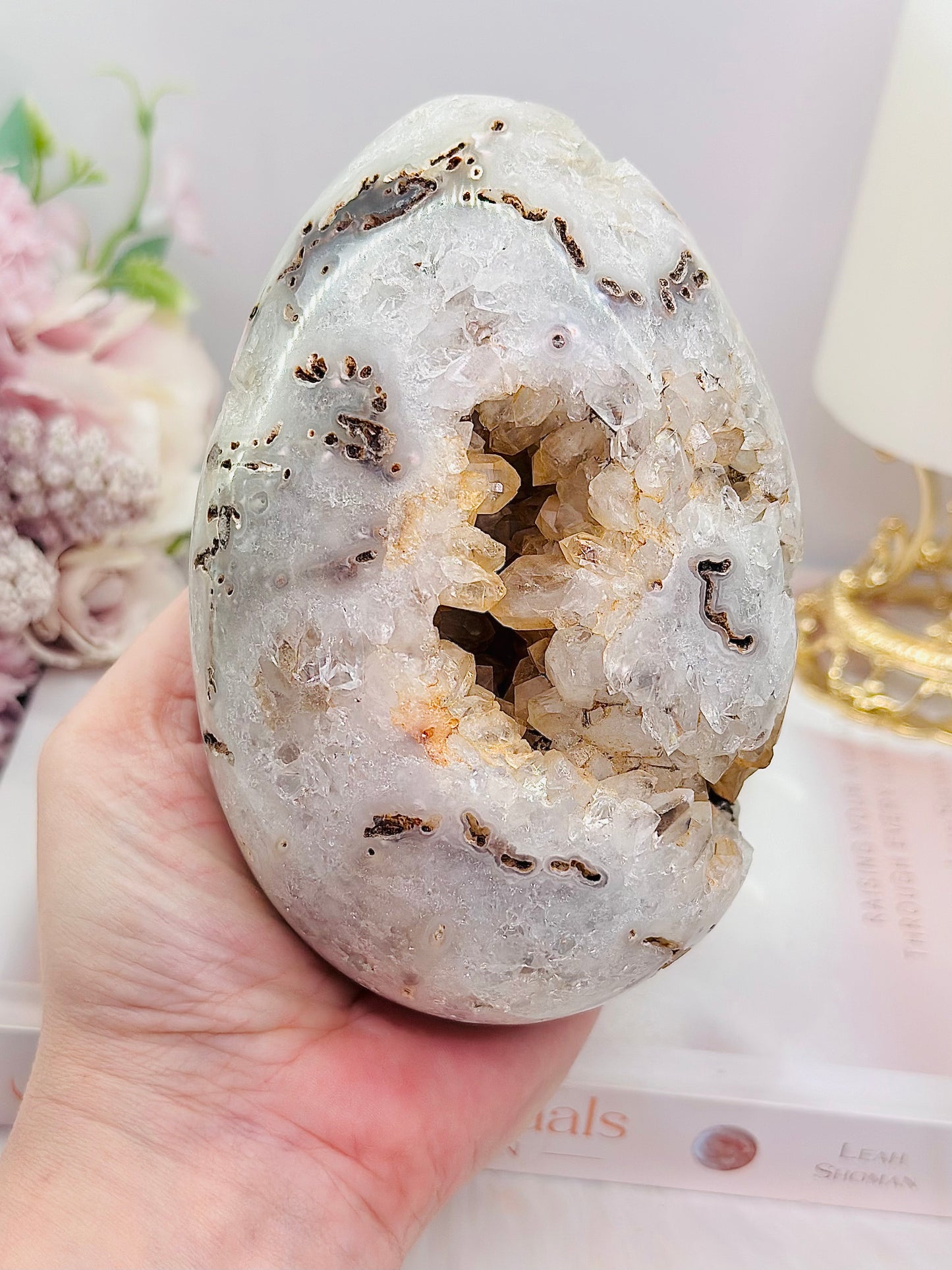 Large 15cm 1.07KG Incredible Druzy Agate Egg On Stand