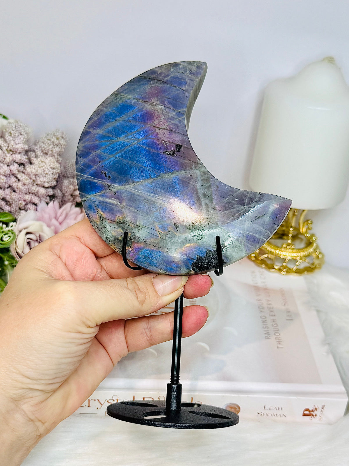 High Grade Large Labradorite Carved Moon Full of Flash 19.5cm