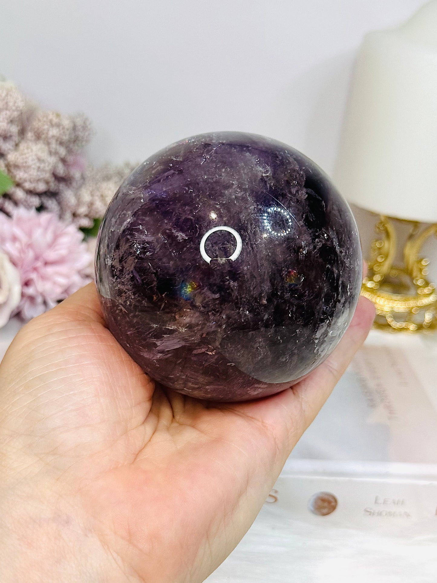 Large High Grade Phantom Amethyst Sphere with Rainbows On Stand 665g