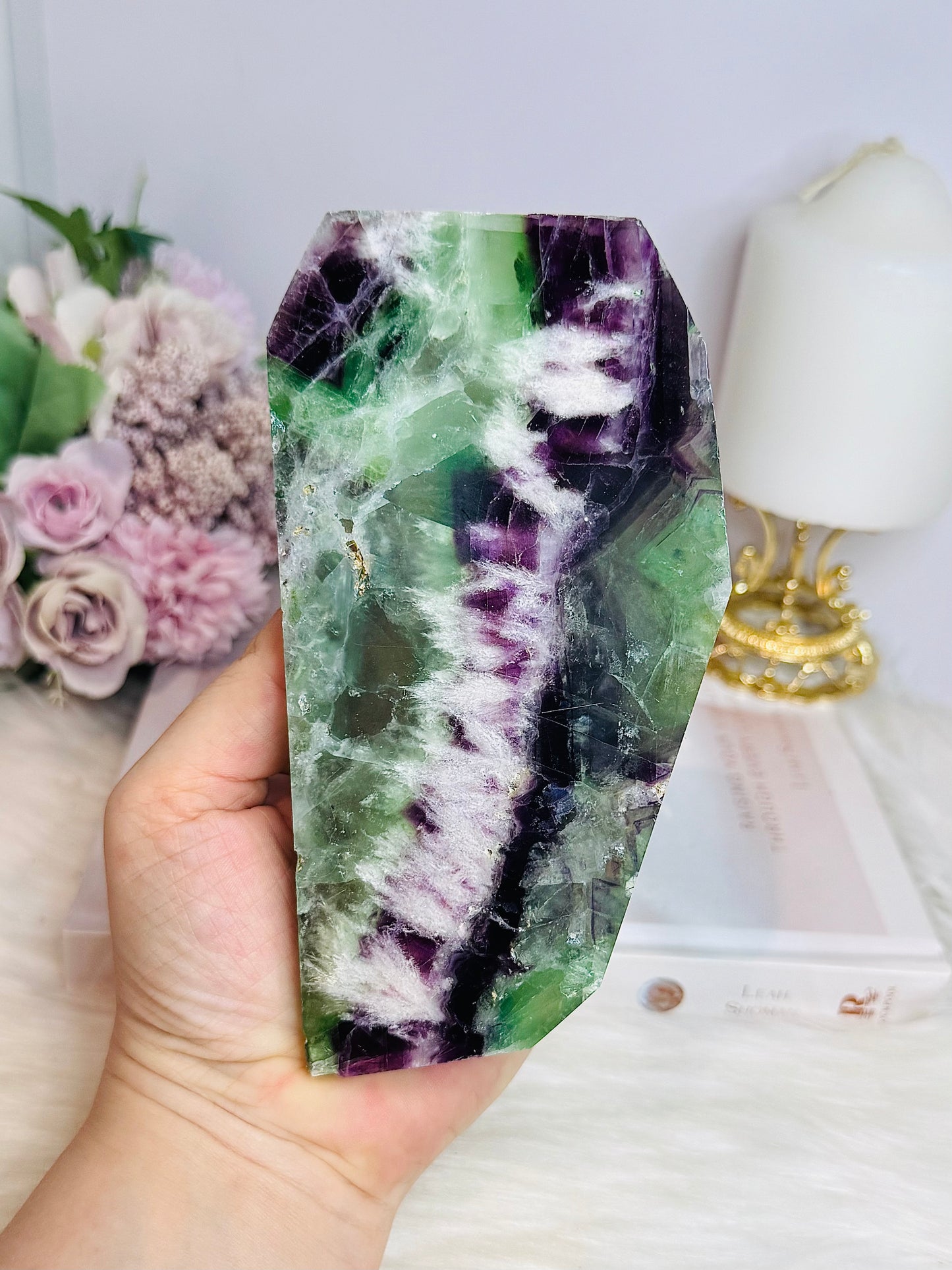High Grade Rainbow Feather Fluorite Thick Slab 15cm
