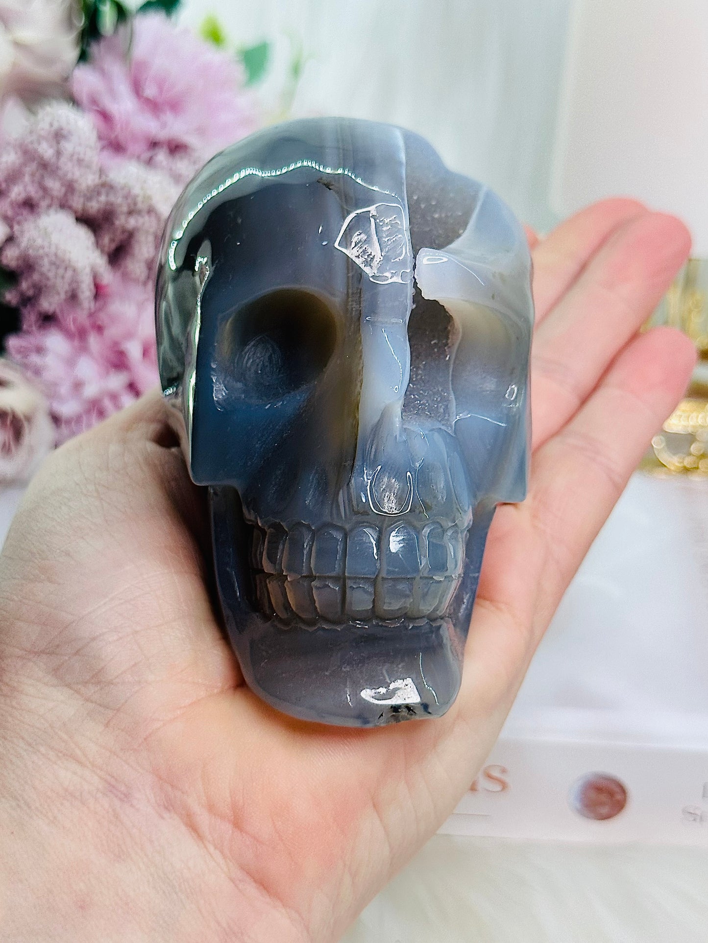 Incredible Absolutely Gorgeous Perfectly Carved Large Druzy Agate Skull 525grams ~ A Truly Stunning Piece