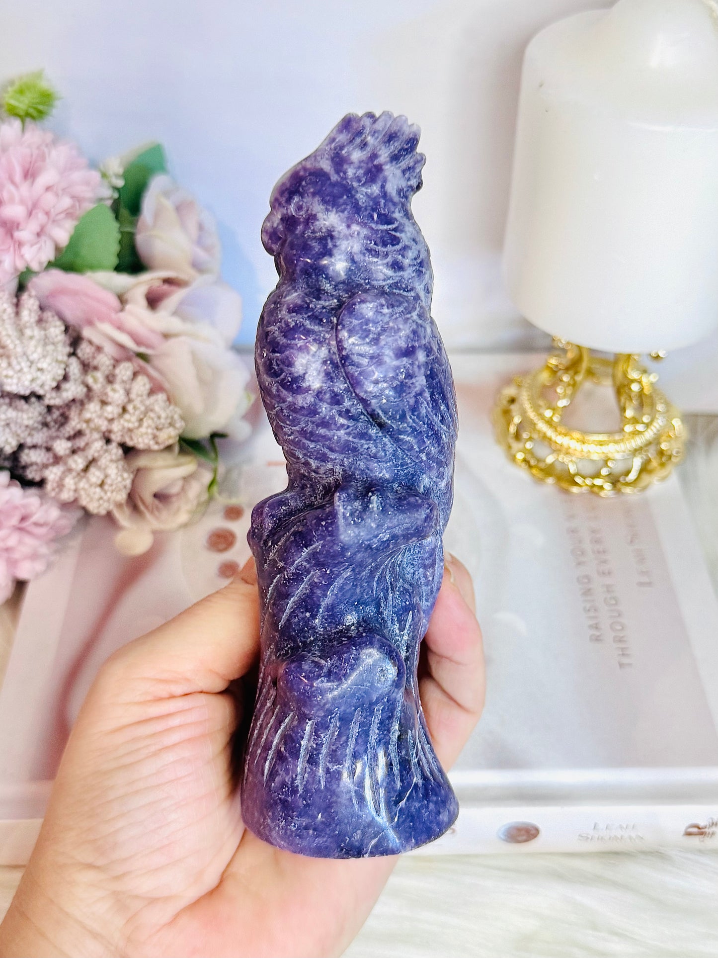 Large 15cm Lepidolite Carved Cockatoo Bird
