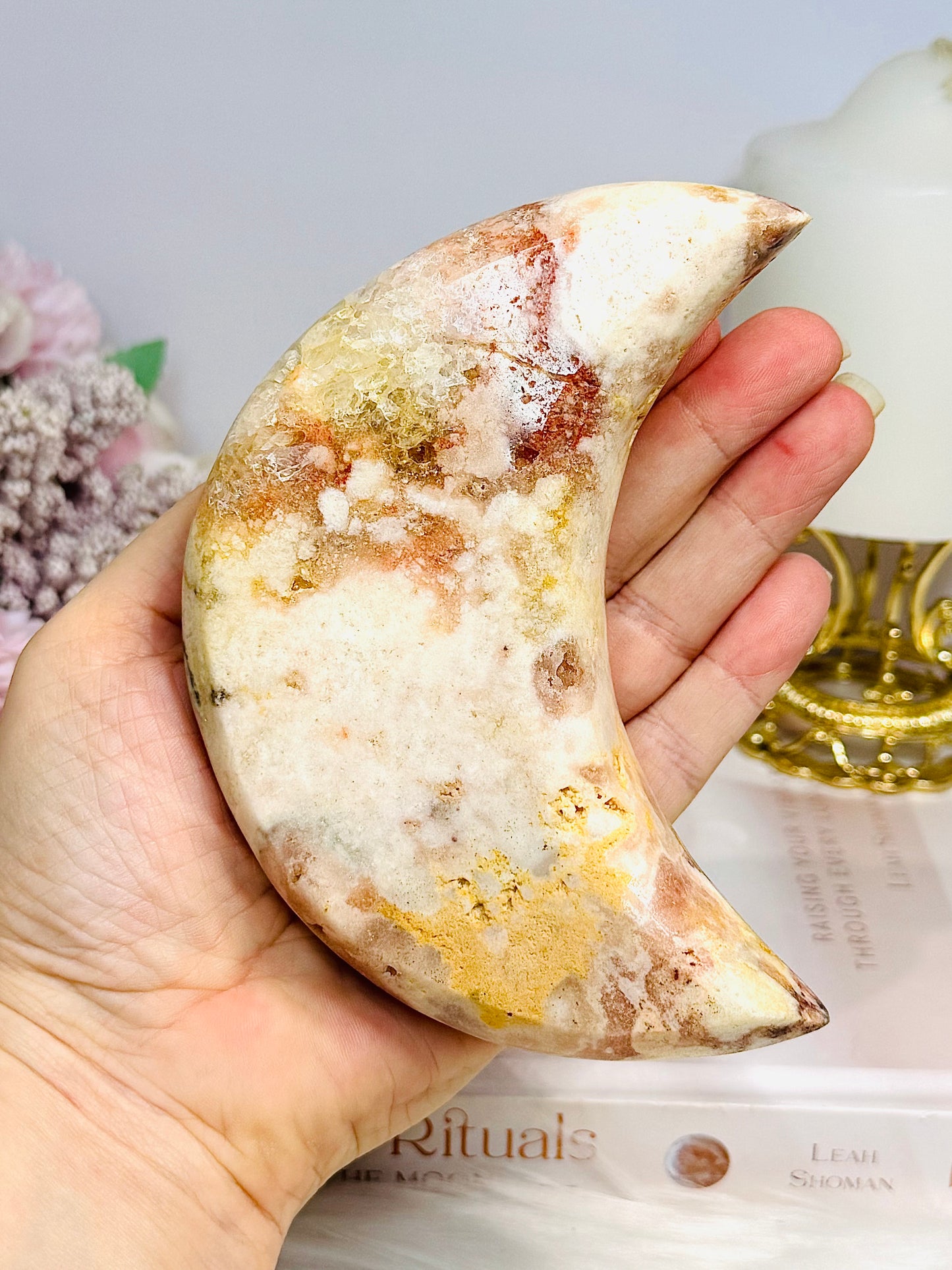 Large Chunky Pink Amethyst Carved Druzy Moon On Stand 12.5cm 471g