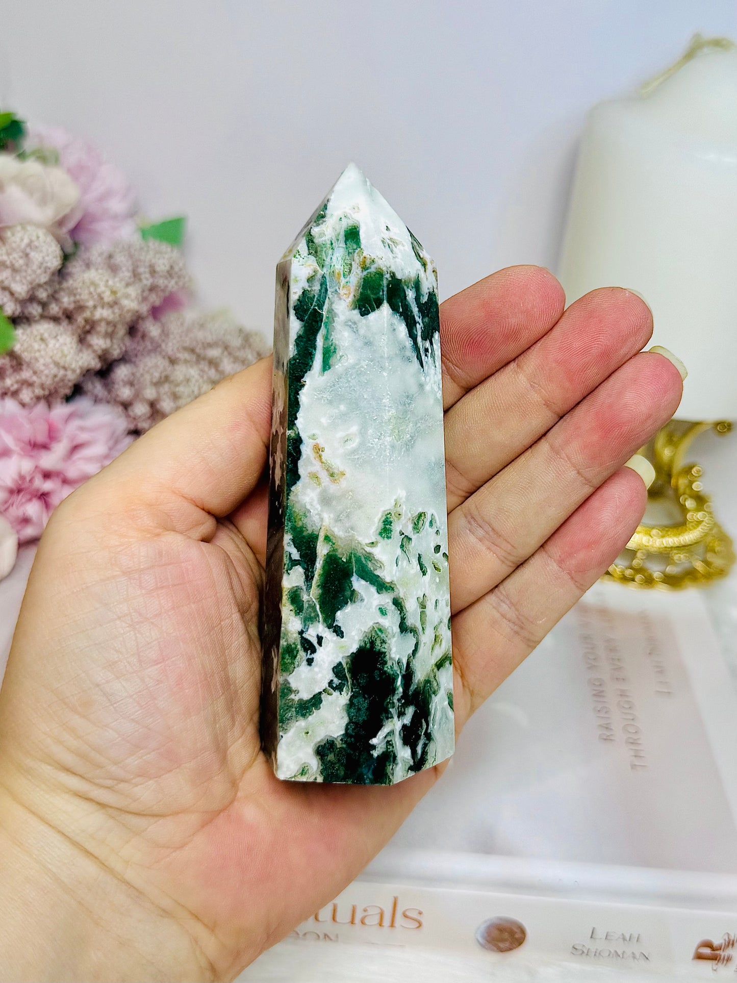 Moss Agate In Quartz Tower 11cm