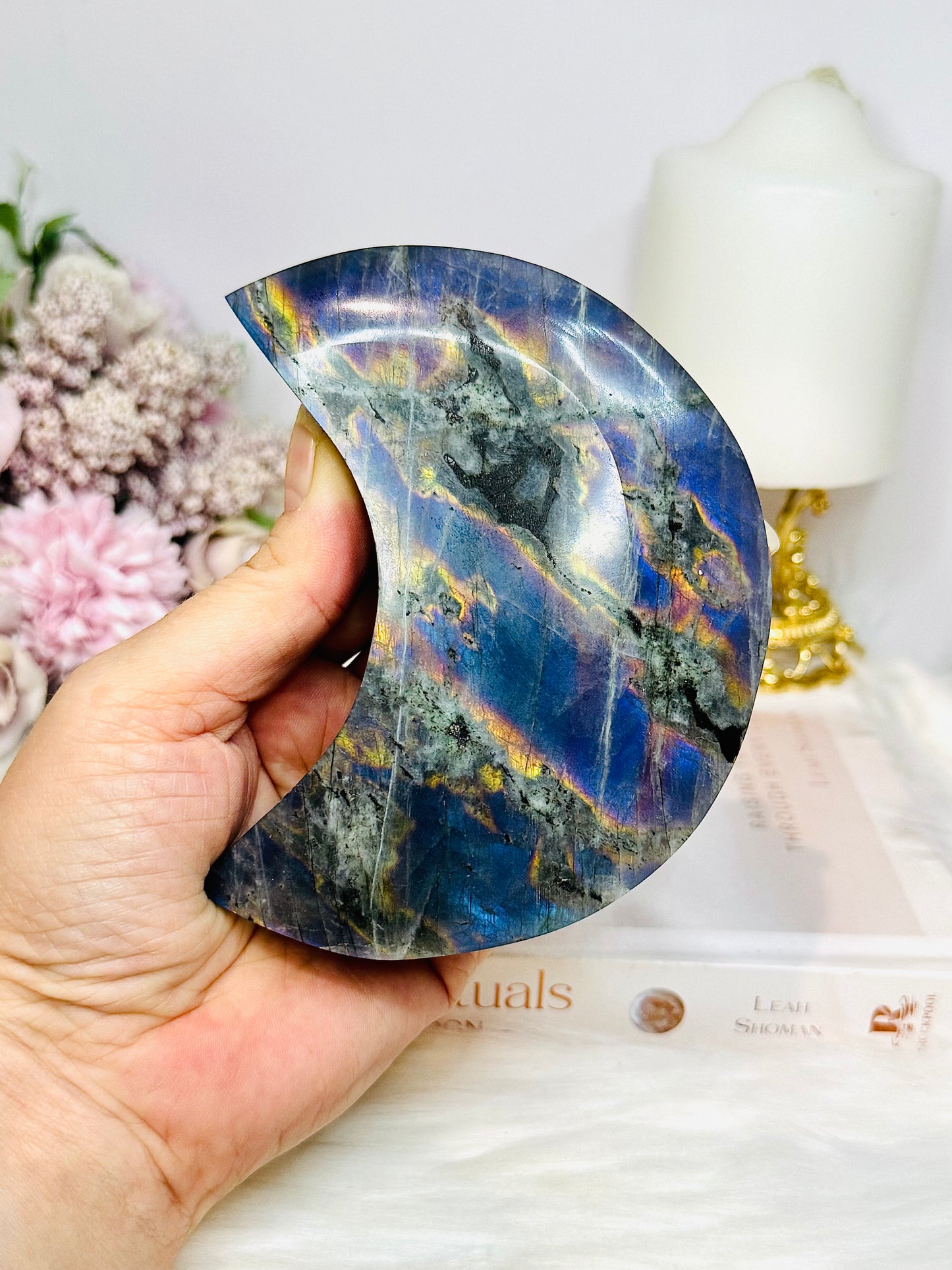 High Grade Large Labradorite Carved Moon Full of Flash 19.5cm