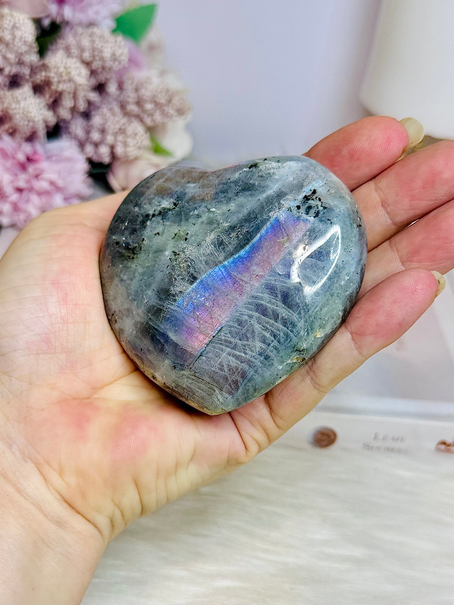 Labradorite Carved Heart with Flash 8cm