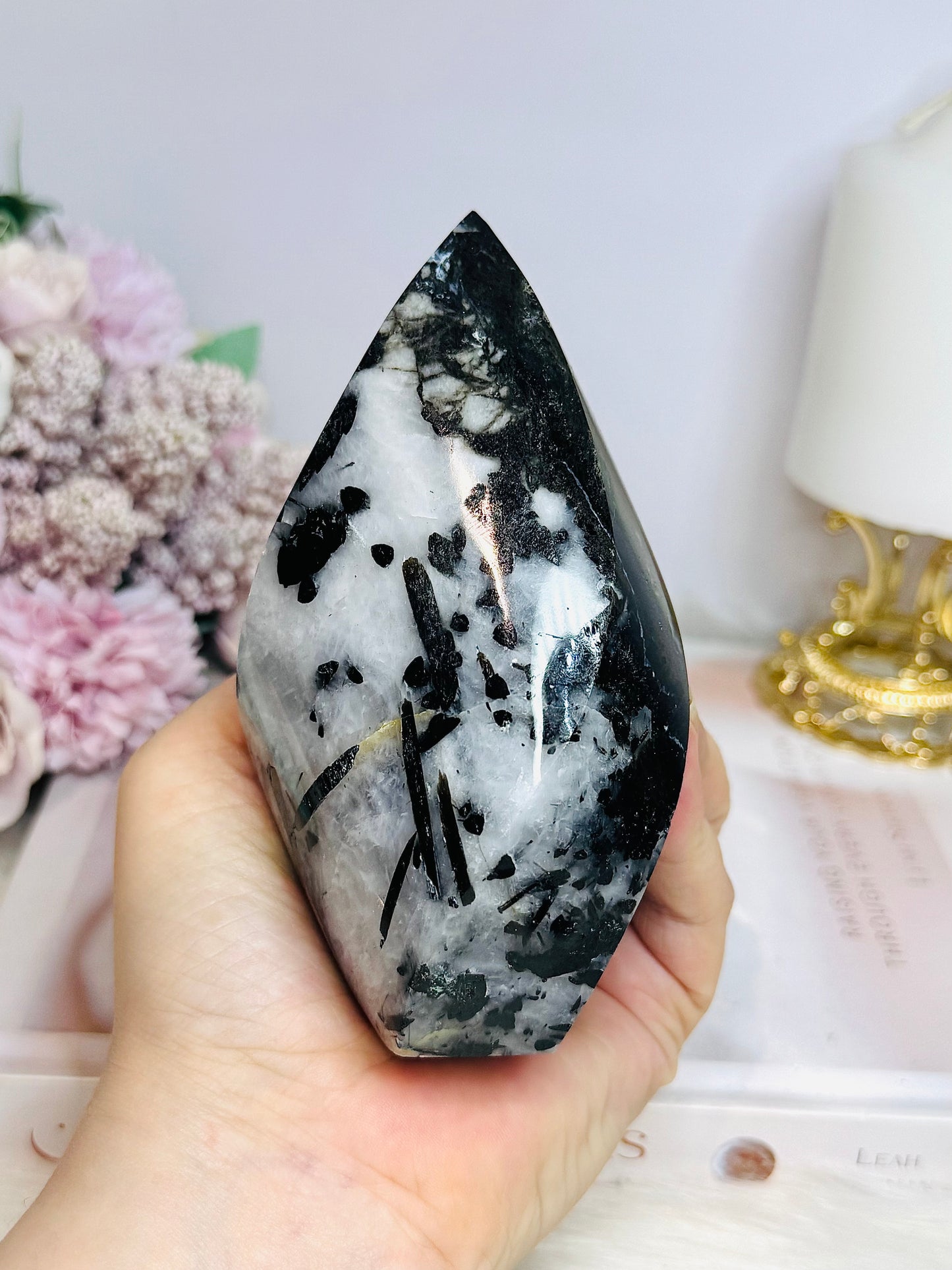 Black Tourmaline in Quartz Carved Flame From Brazil 12.5cm 491g