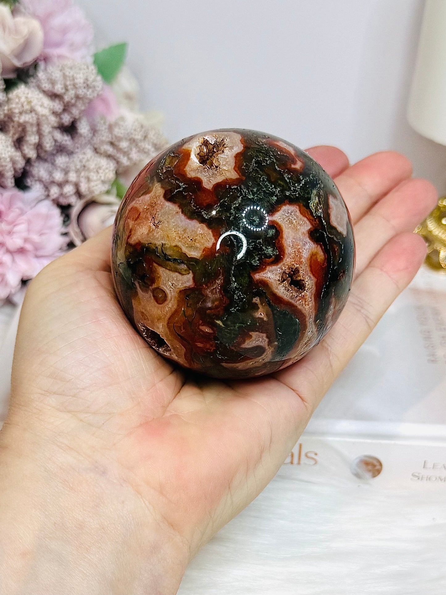 Large Red Moss Agate Druzy Sphere on Stand 452g