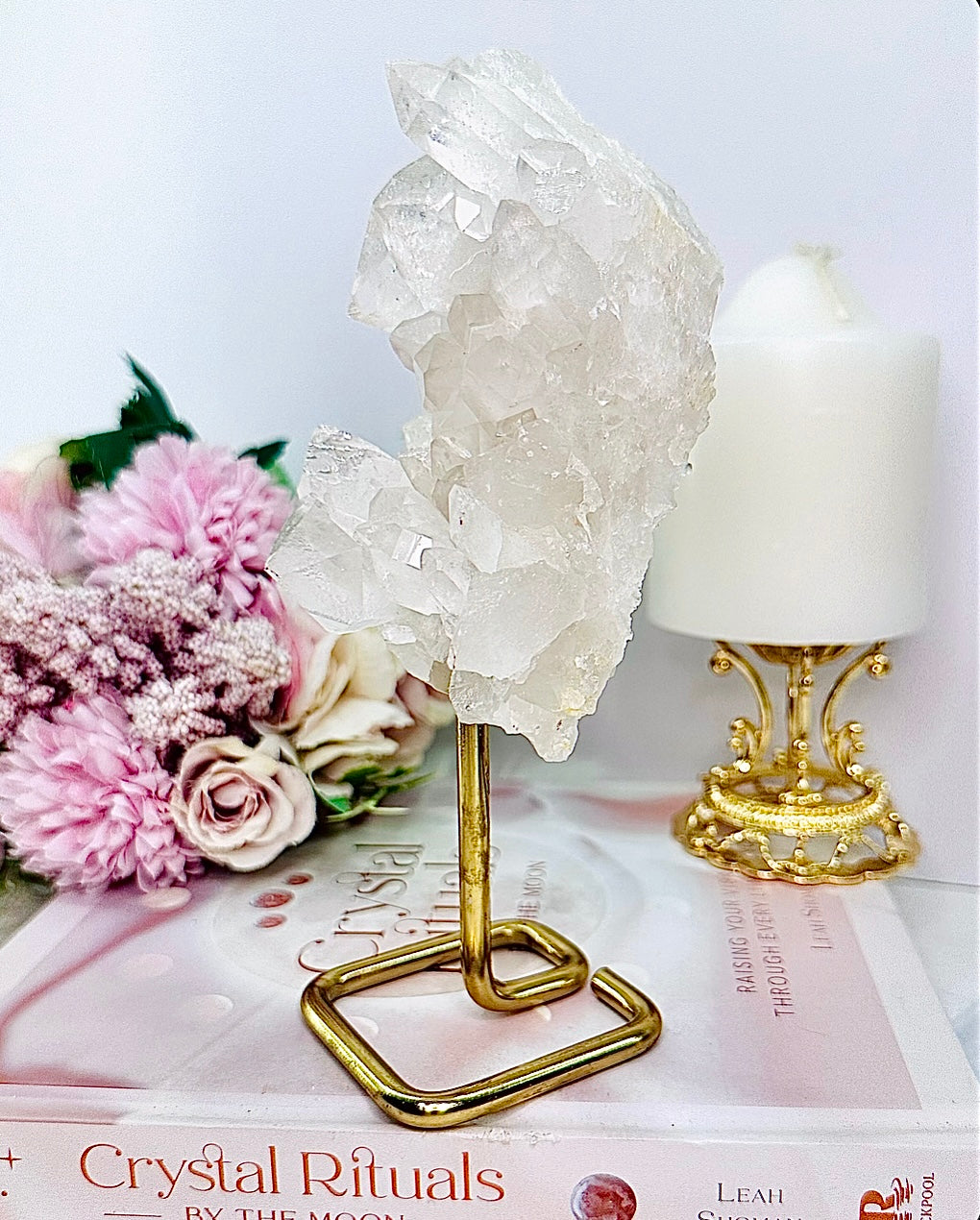 A Master Healer ~ Absolutely Stunning Large 18cm Shiny Natural Clear Quartz Cluster On Gold Stand From Brazil