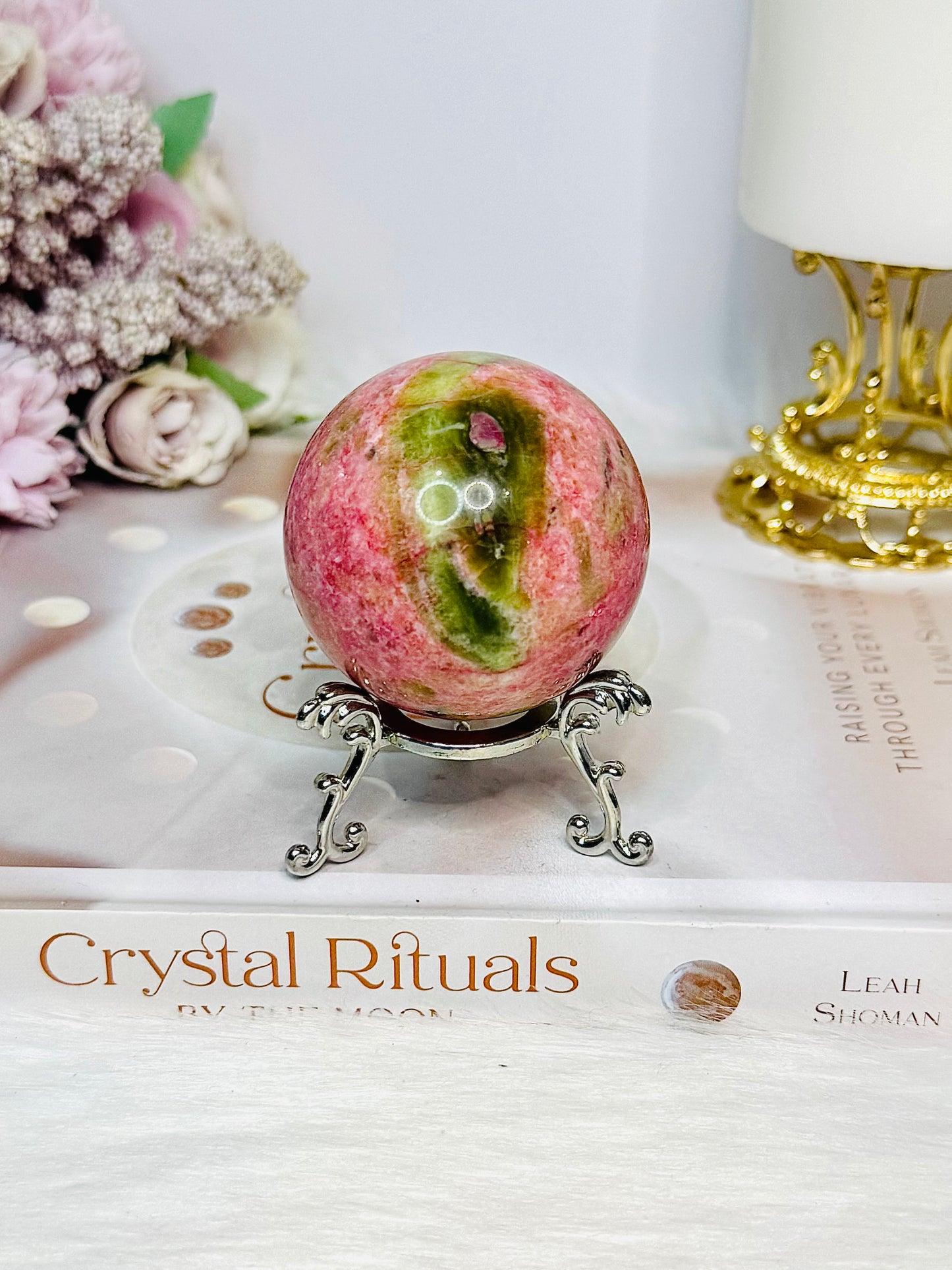 Thulite Sphere with Epidote 202g On Stand