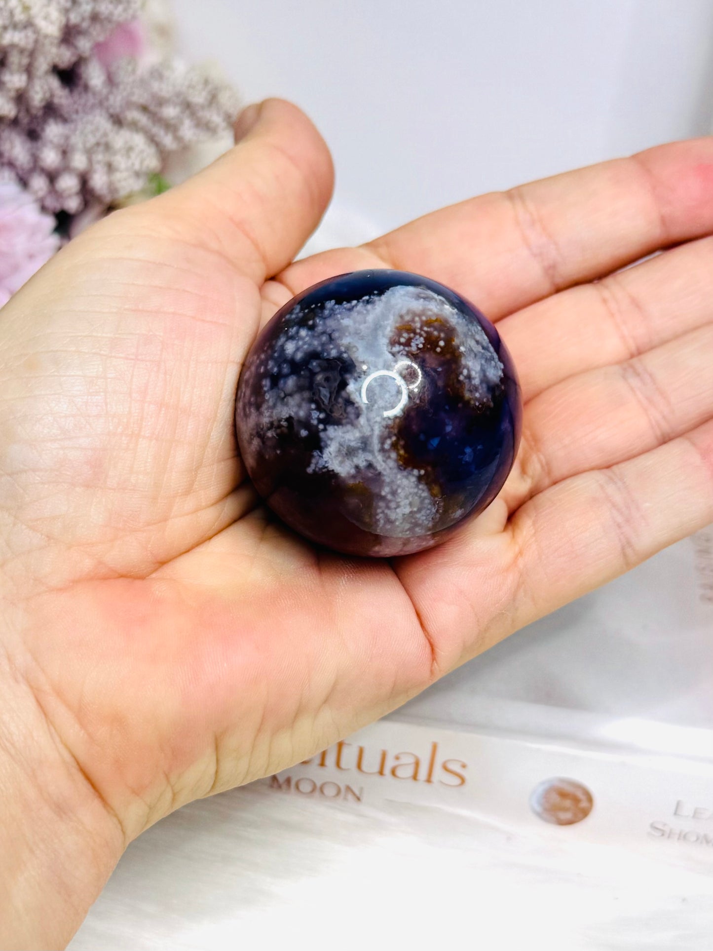 Blue Flower Agate Sphere on Stand 102g