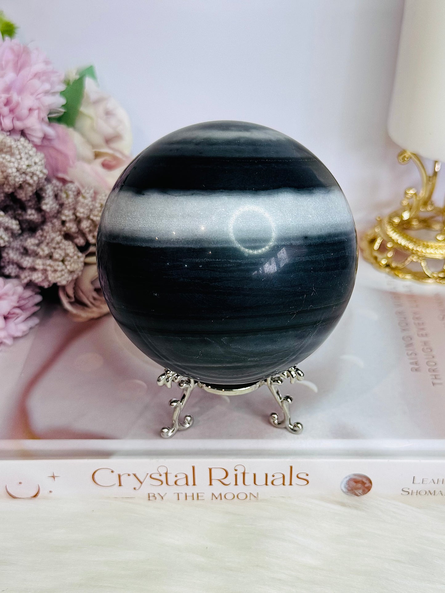 Natural Large Tai Chi Stone (White Quartz & Black Jasper) Sphere On Stand 895grams