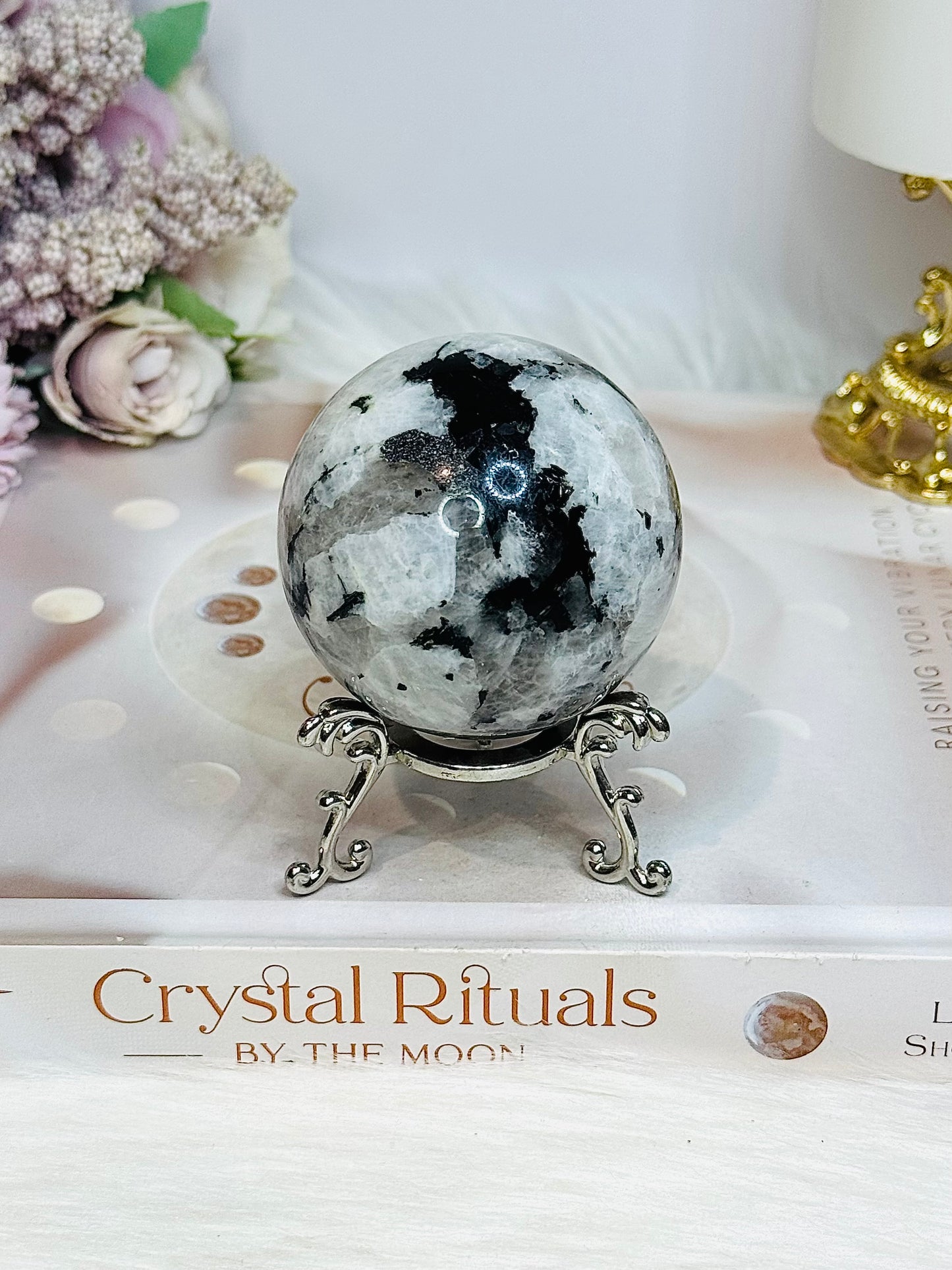 Rainbow Moonstone Sphere on Stand 237g