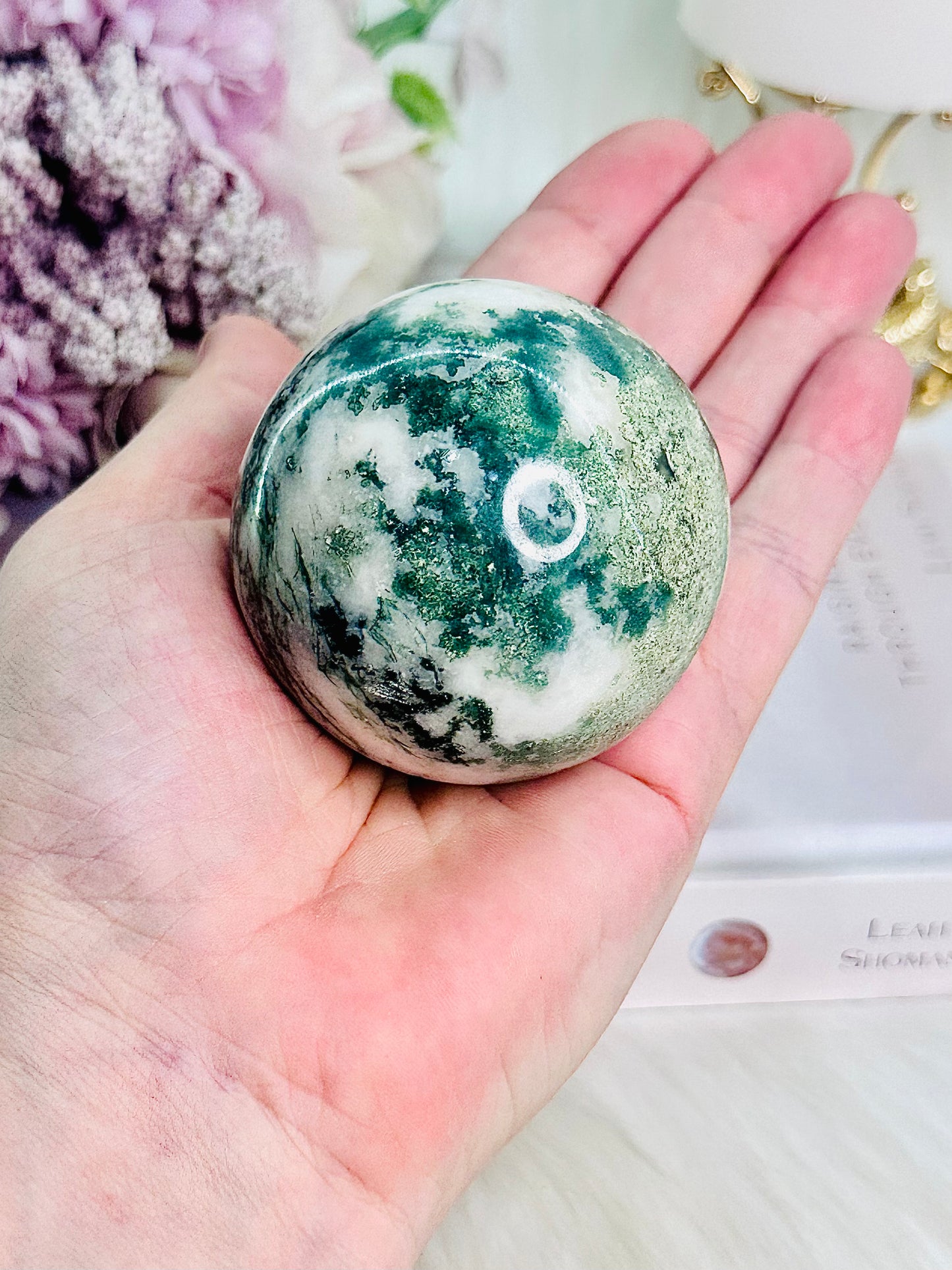 Peace & Tranquility ~ Beautiful Moss Agate Sphere 242gram On Stand